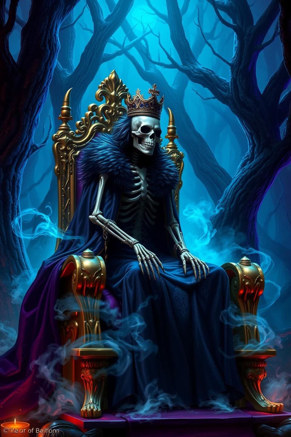 AI generated: skeletal king with a crown and a mane of fur, wearing a rich, dark robe with intricate gold detailing, sitting on an ornate golden throne. The setting is a mystical, dark forest wi