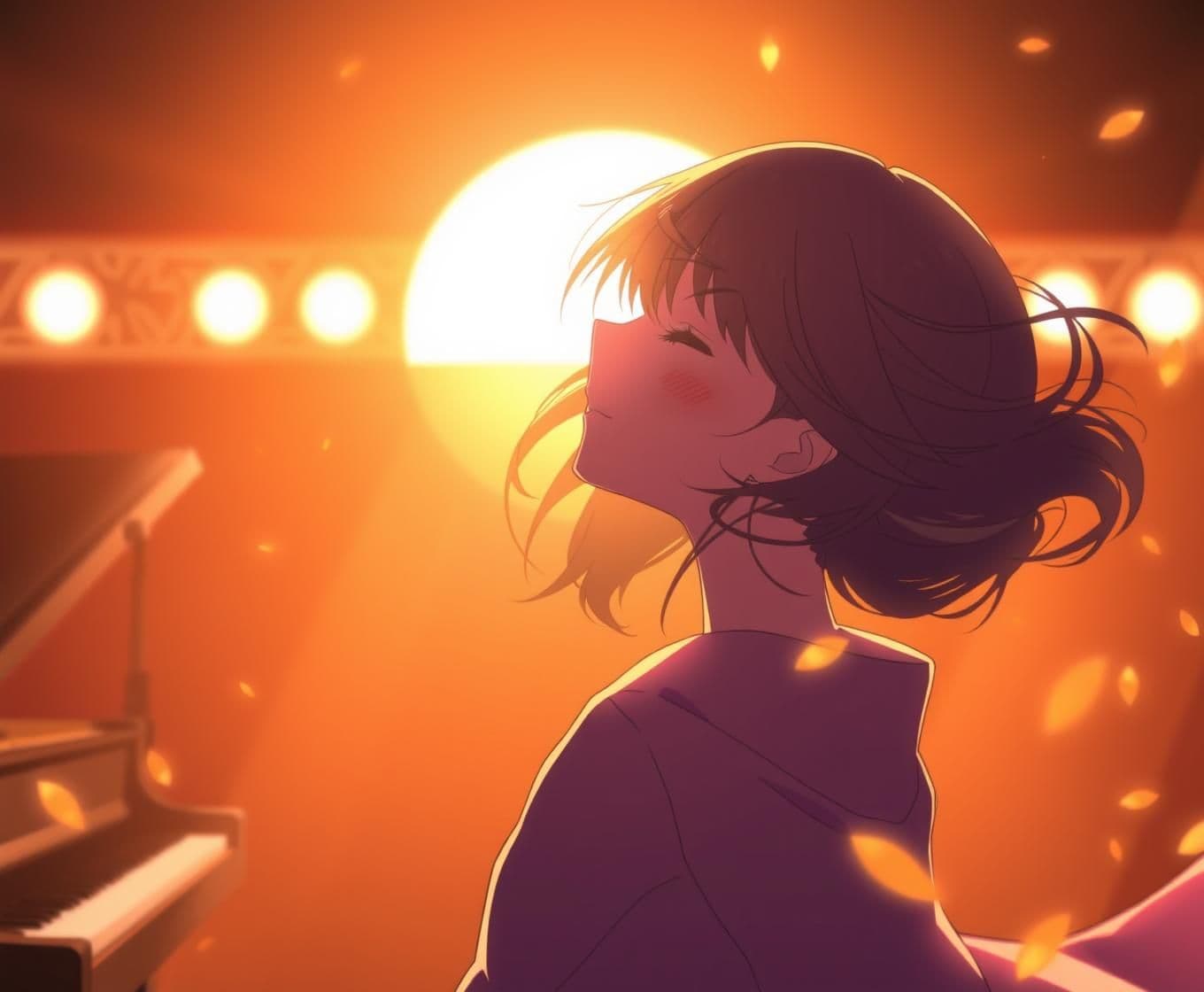 AI generated:
### 🖼️ Frame 5 – Soft Smile (0:31–0:36)
> *Medium shot: she smiles gently with eyes half-closed. Hair floats softly; faint light particles drift upward. Background is blurred