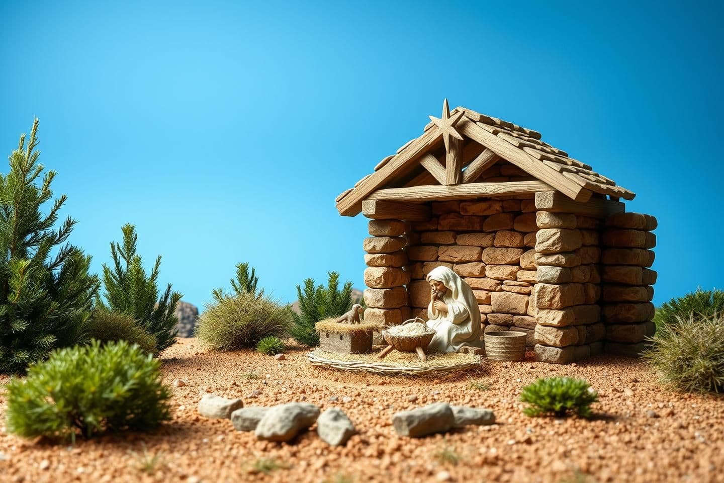 AI generated: create a creative landscape image of complete scenario image front view of crib design of nativity scene of christmas crib for poor jesus in a simple way of humble birth with beth