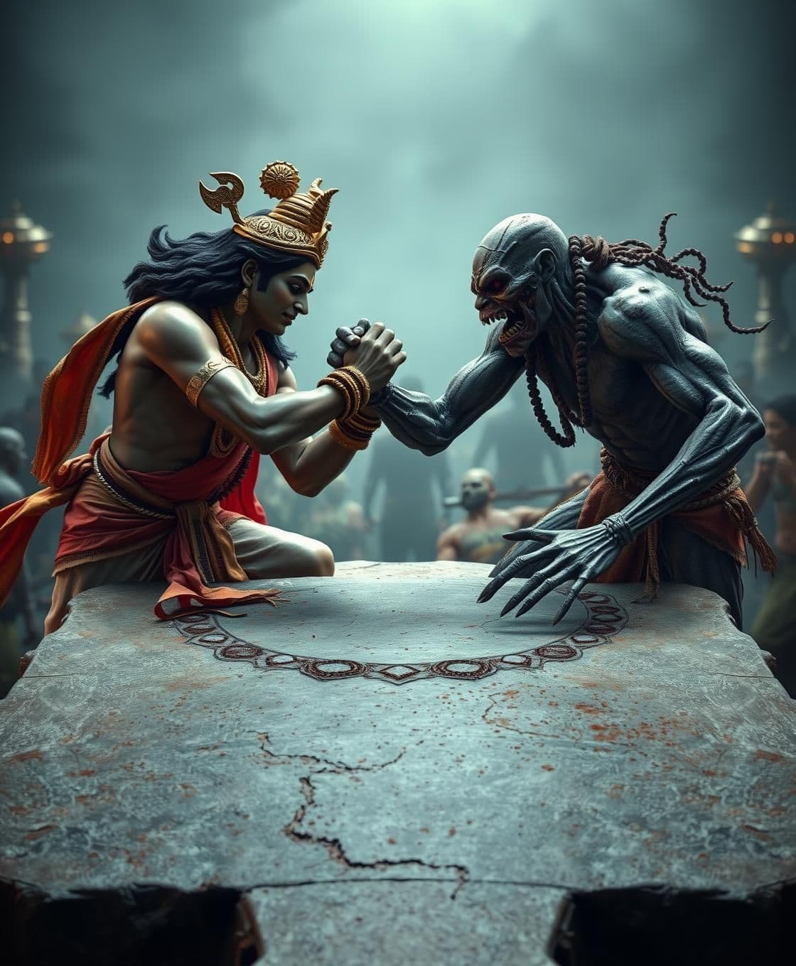 AI generated: “Ultra realistic 4K full-body scene of Sree Krishna on the left side and a terrifying zombie on the right side, both fully visible from head to toe, doing intense arm wrestling on