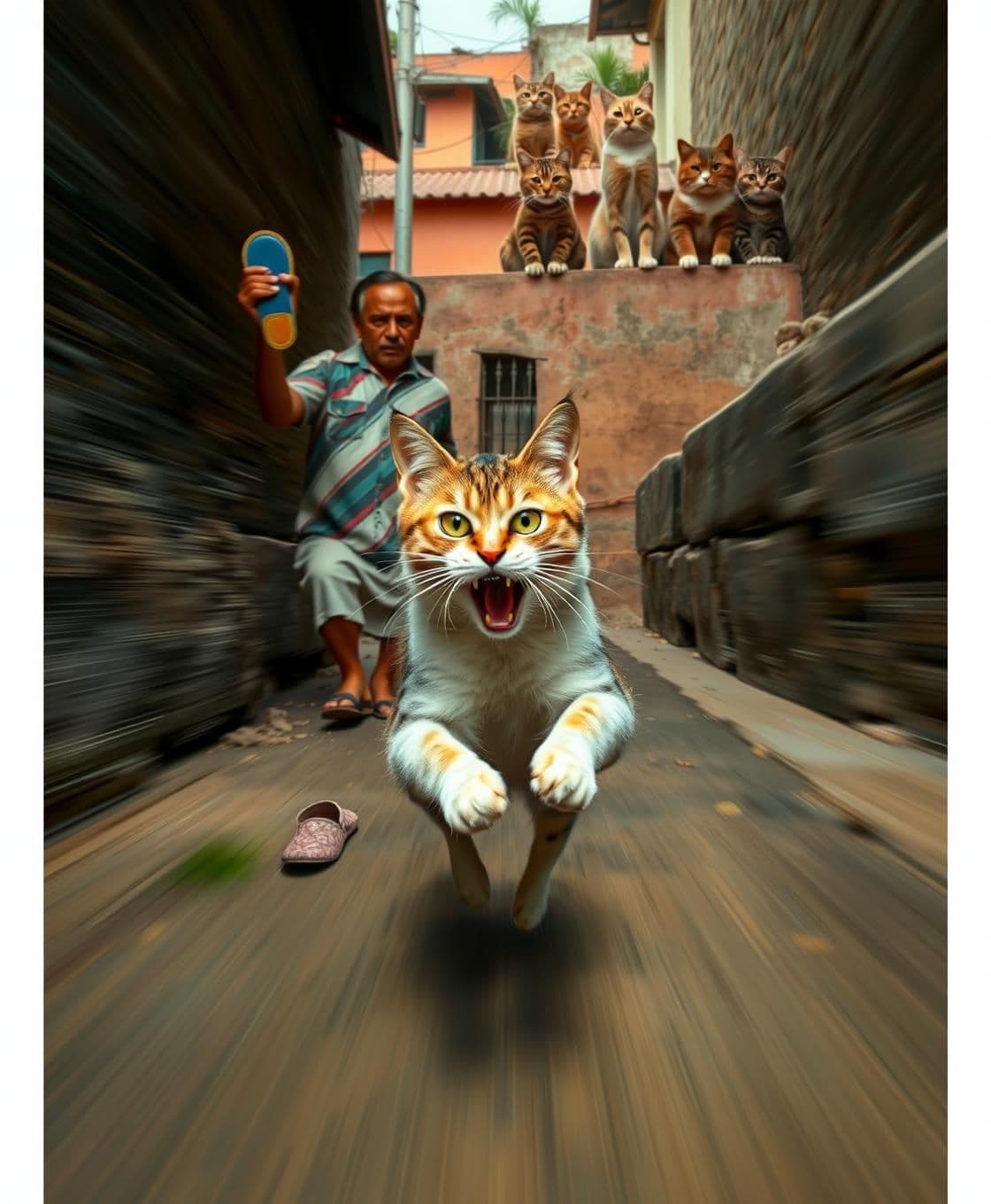 AI generated: A The same cat running at full speed down a narrow Indian lane, terrified, while an angry owner in slippers chases behind with a raised chappal. Motion blur on the background, dyna