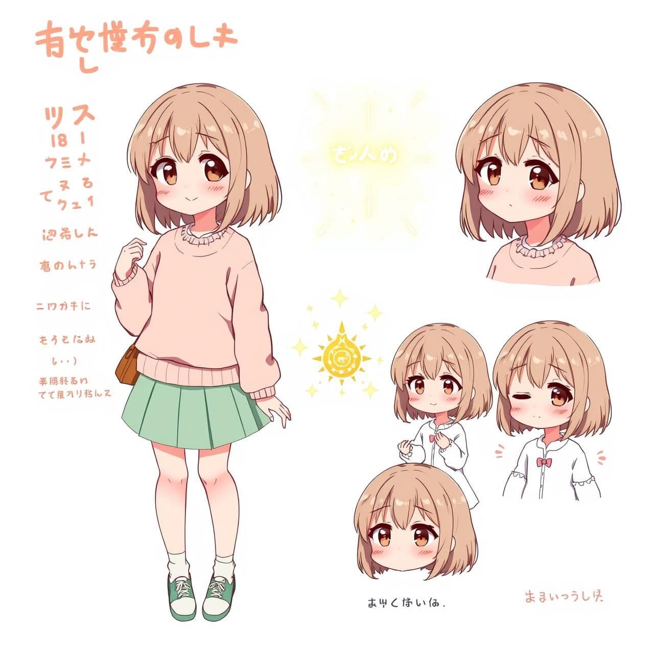 AI generated: Anime character sheet of a cute teenage girl with soft features.
Medium-length light brown hair, big warm eyes, innocent smile.
Outfit: pastel sweater, short pleated skirt, small