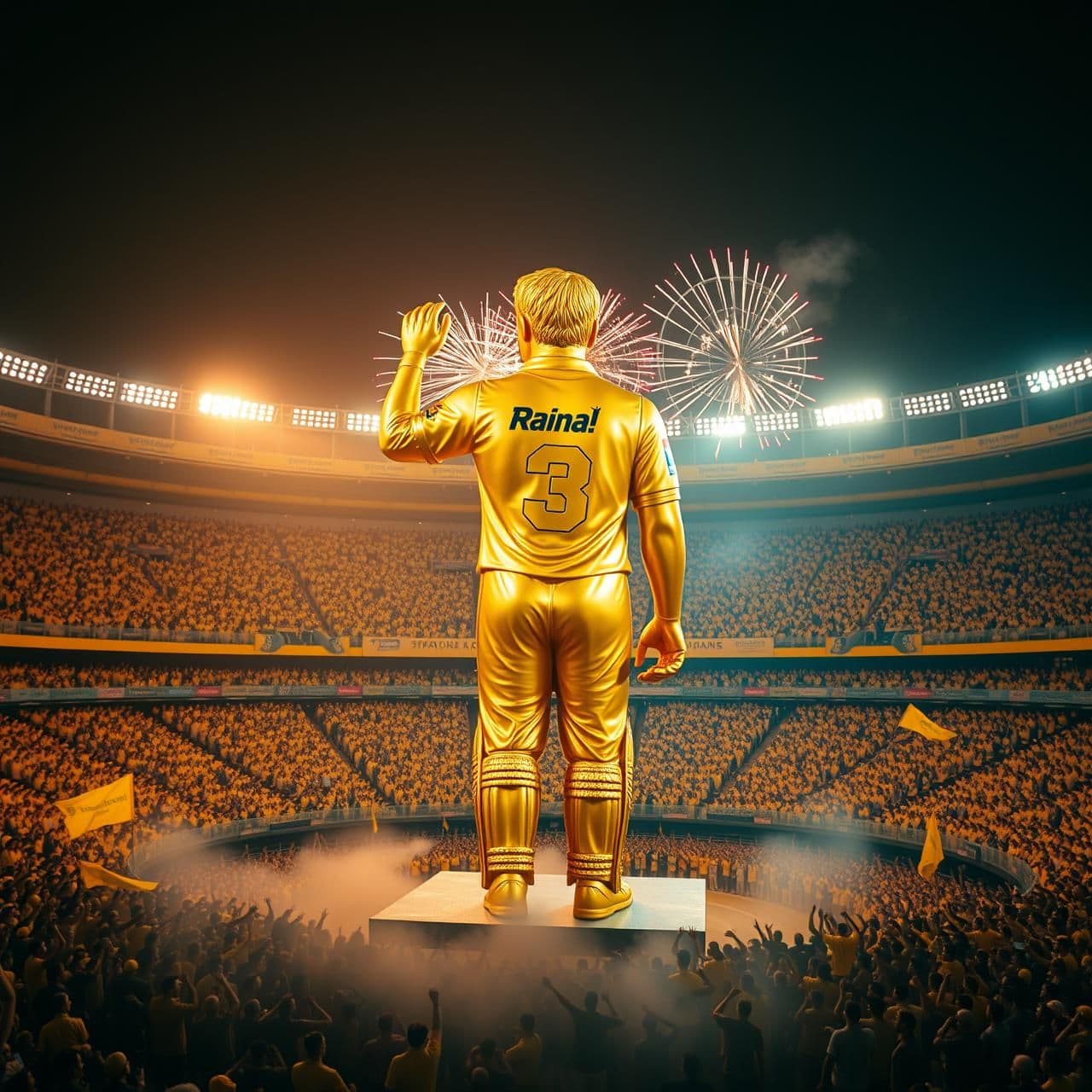 AI generated: "Cinematic inauguration scene of a massive lefty golden idol of Suresh Raina wearing the CSK yellow jersey (Number 3). ldol placed at center of Chepauk stadium. Full stadium crowd