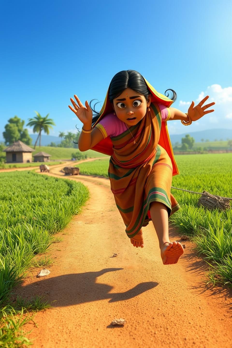 AI generated: Prompt:
A worried Indian village woman running on a dusty rural path toward the farmer, wearing a colorful saree, tears in her eyes, calling out desperately. In the background, gre