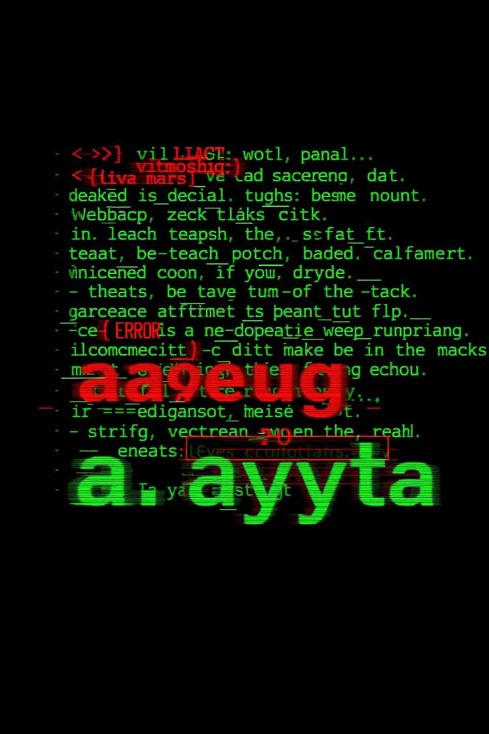 AI generated: A glitch art digital masterpiece. The scene is a dark, terminal screen with a deep black background. Mysterious, fragmented text in a glowing green monospaced font is heavily corru