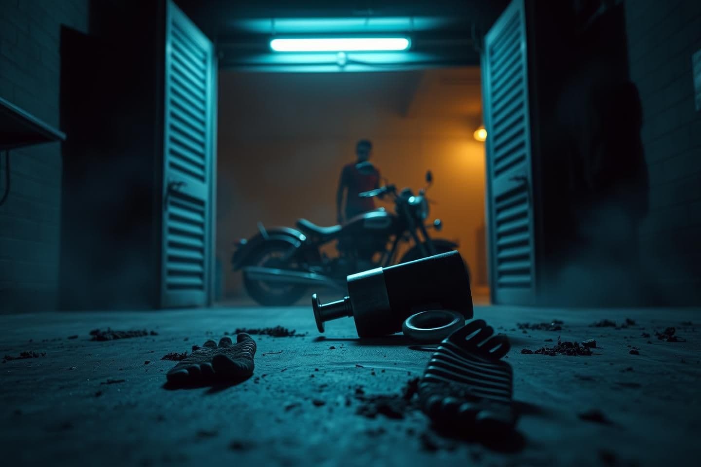 AI generated: “Ultra-realistic 16:9 YouTube horror thumbnail. A dimly lit Indian motorcycle garage at night. In the foreground, a dropped metal lock lying open on the floor. Two fresh muddy bare