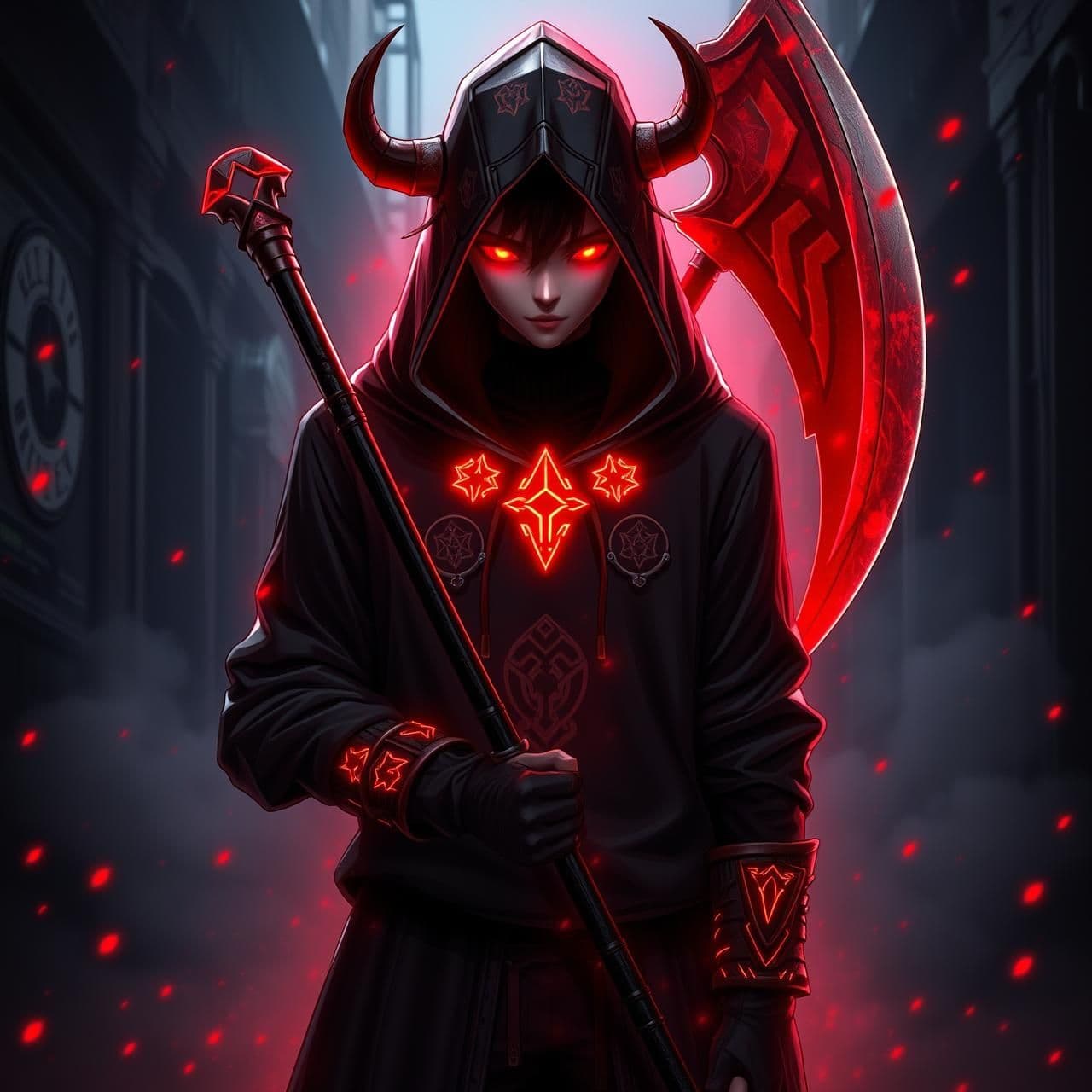 AI generated: Hooded character with glowing red eyes and demonic aura, holding a scythe, black hoodie with glowing runes, standing in dark alley with fog and ember particles, realistic anime art
