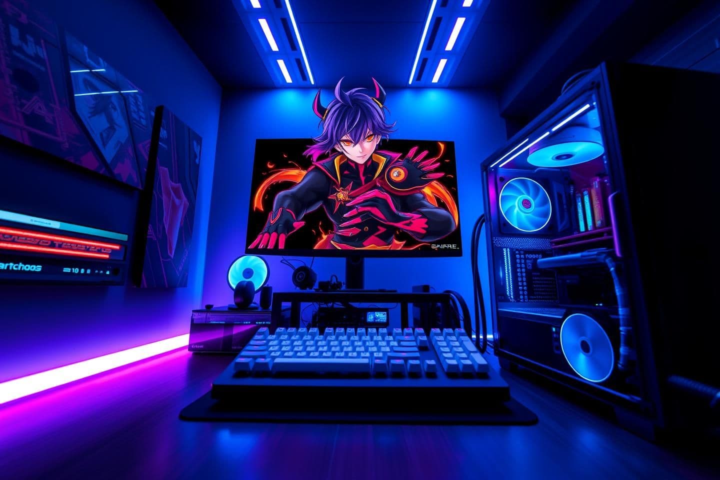 AI generated: A visually stunning, high-contrast, cinematic, 9:16 portrait view of an ultimate aesthetic gaming PC setup, specifically optimized for 'Speed Kings' video editing style and viral Y