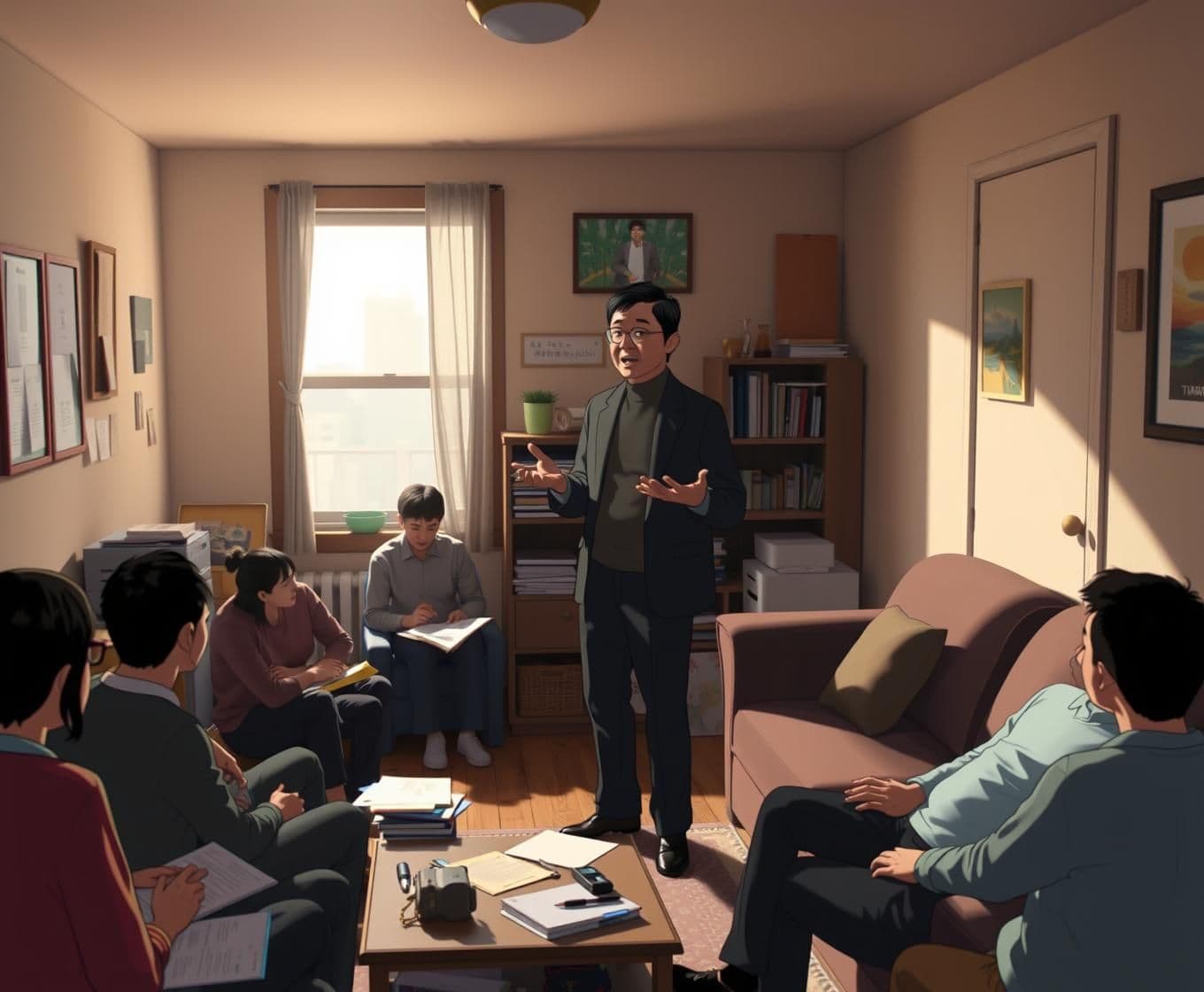AI generated: Prompt:
“animeted-style visual of Jack Ma standing in a small, modest Seattle apartment, giving a passionate two-hour speech to 18 attentive friends seated around the room. The apa