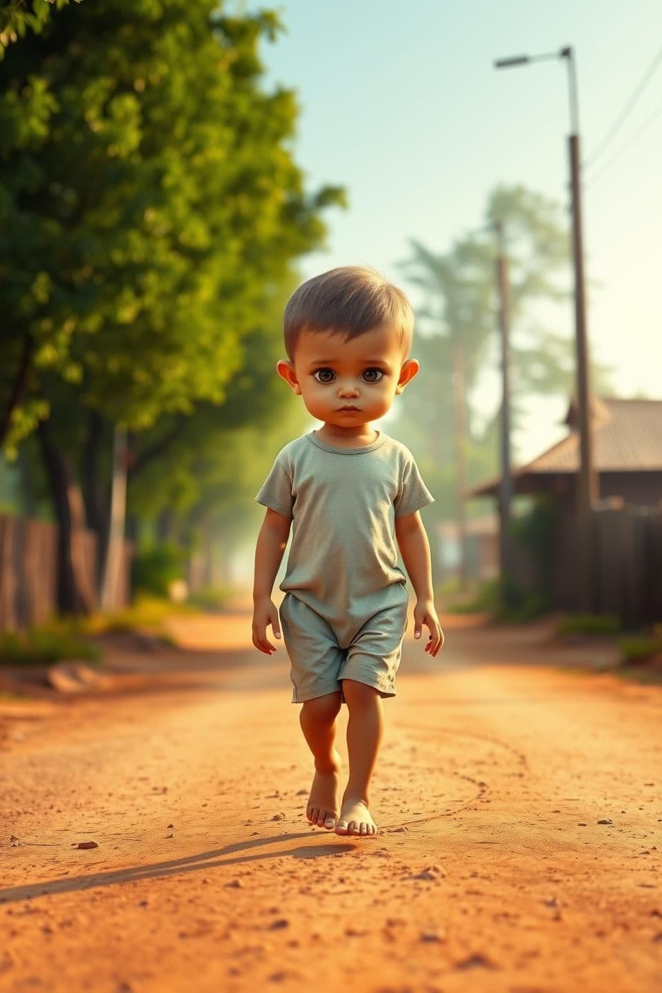 AI generated: A hyper-realistic stylized scene of a small child with an exaggerated large head and a slightly mature face, walking barefoot on a dusty village road. The child is wearing simple