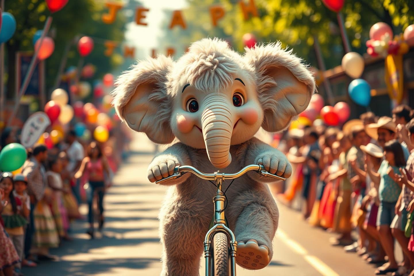 AI generated: A fluffy, adorable elephant riding a bicycle down a lively road, surrounded by a cheerful gathering of people. The elephant has soft, plush fur, big expressive eyes, and a joyful s