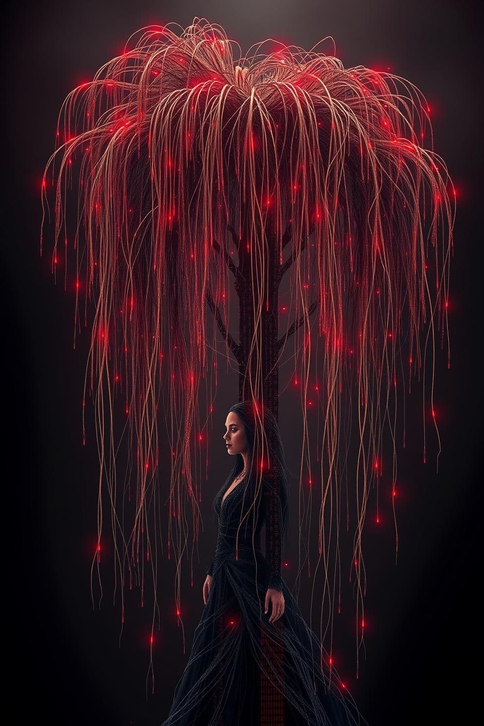 AI generated: mystical fashion female model, A professional digital for a profile image, showing a weeping willow tree whose long, flowing branches subtly transform into computer circuits, elec