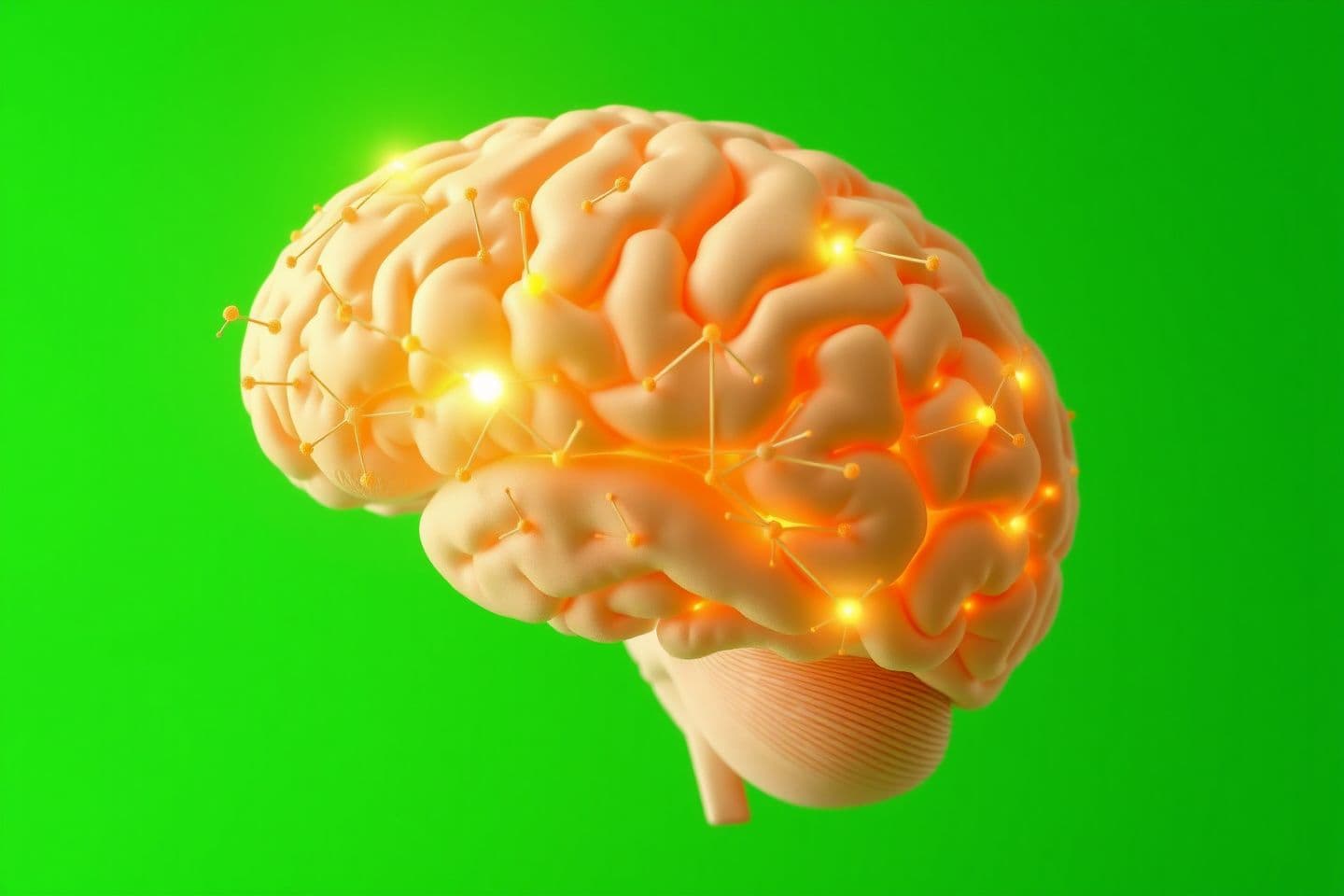 AI generated: A 3D anatomical render of the human brain floating against a pure green background. Neurons and synapses glow brightly, with electrical signals traveling between them, symbolizing