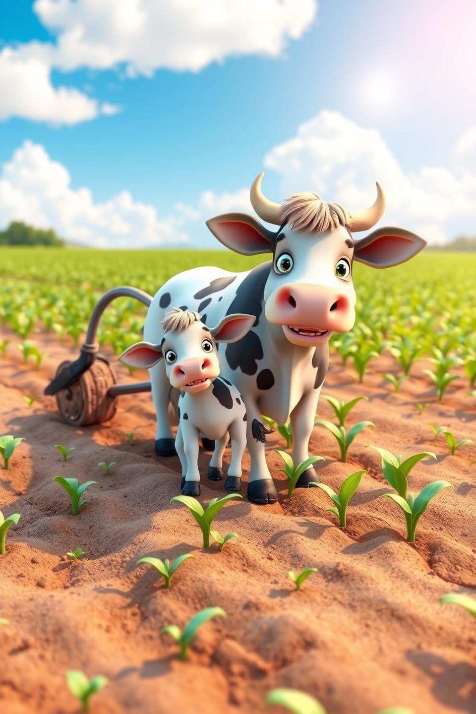 AI generated: A cow and its calf plowing a cornfield under a bright sunny sky, both looking healthy and happy. The calf is small and curious, the cow is strong and caring. The field is lush with