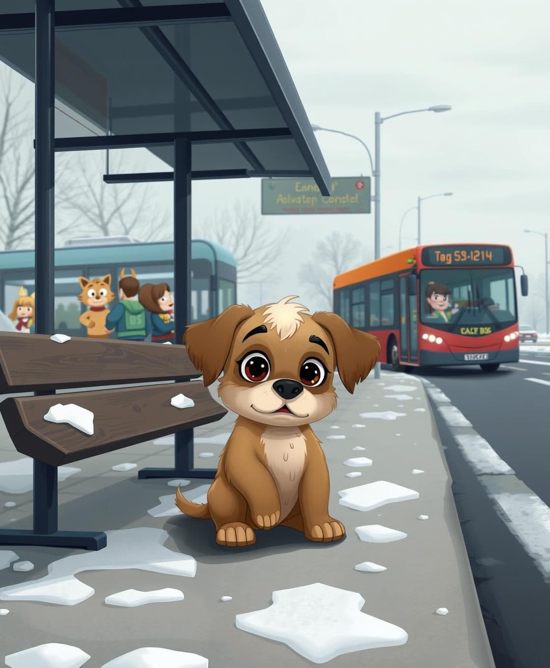 AI generated: A scruffy puppy with large, hopeful eyes and tattered clothes sits alone on a cold bus stop bench. Snow patches dot the ground. Behind, busy city buses pass with joyful cartoon ani