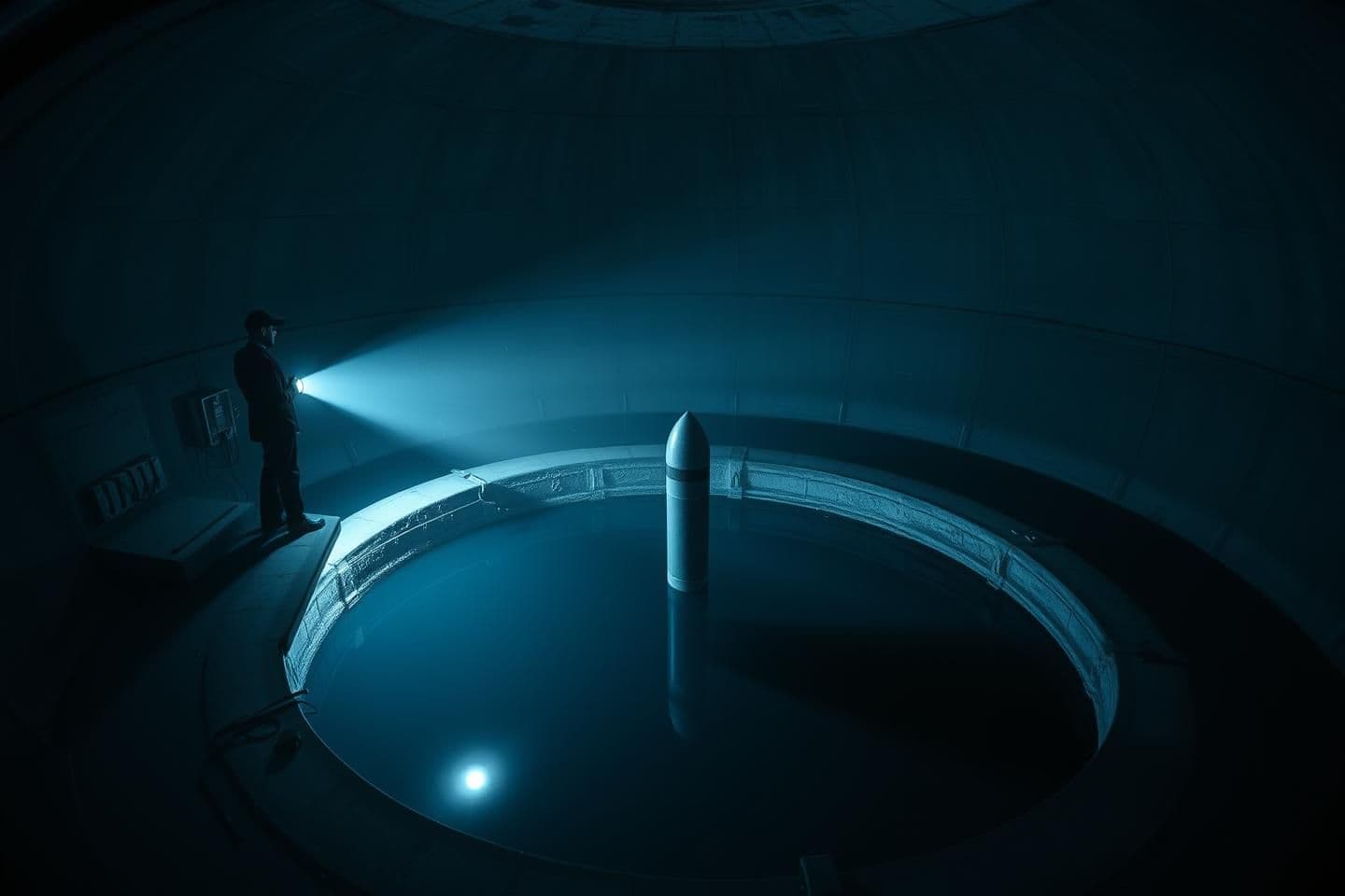 AI generated: Nighttime inside an abandoned Soviet-era underground missile silo flooded with perfectly still black water, a lone figure in black uniform stands on the edge of the circular concre
