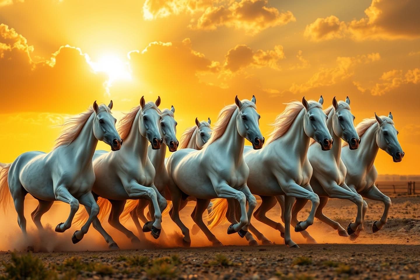 AI generated: Seven white horses running together in formation, bright golden-orange sunset sky, dramatic clouds with yellow light rays, vibrant warm colors, dust rising from the ground as they