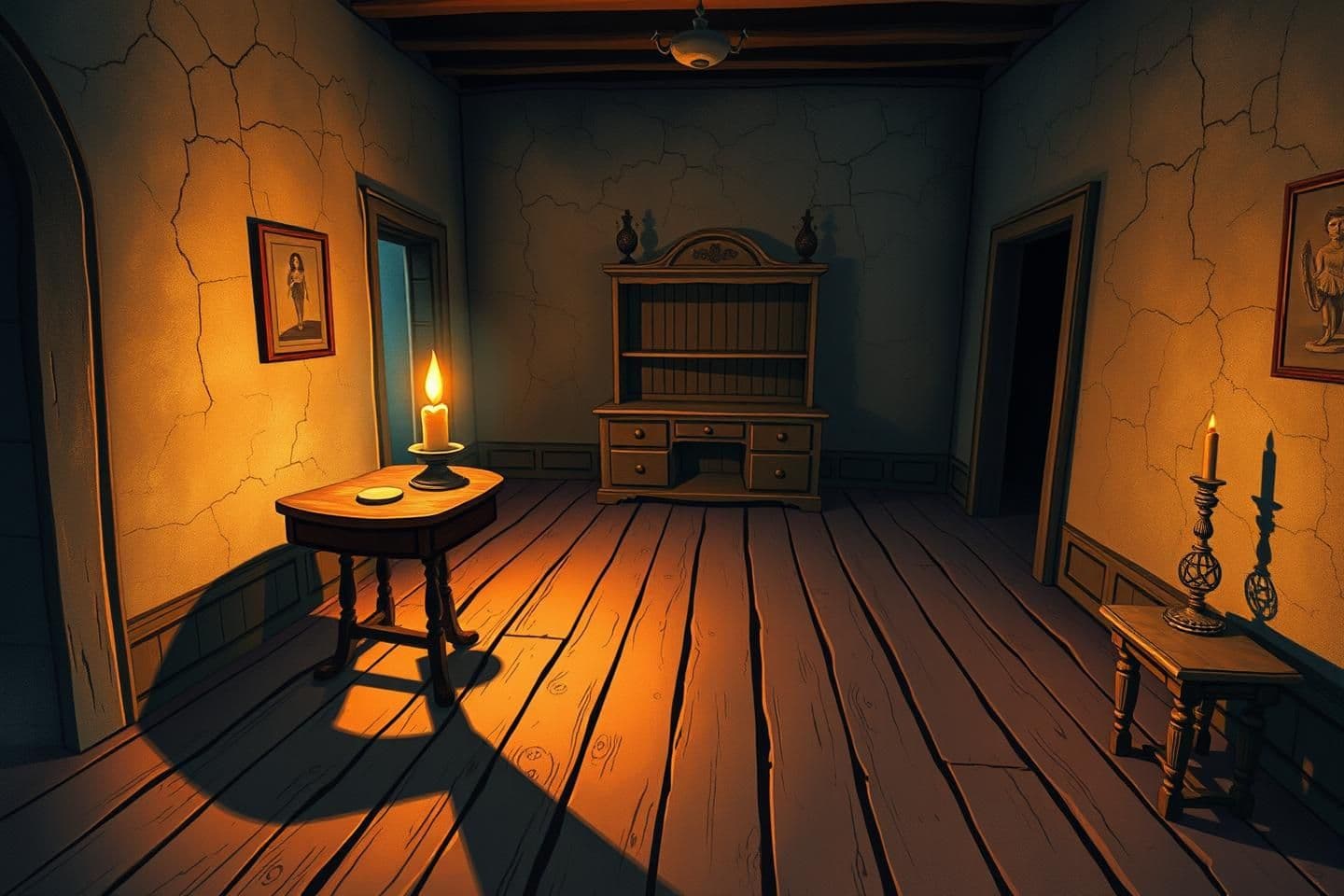 AI generated: “2D cartoon horror background, old vintage room, wooden floor, flickering candle on table casting long shadows, cracked walls, old furniture, dark corners, eerie silence, 16:9 rati