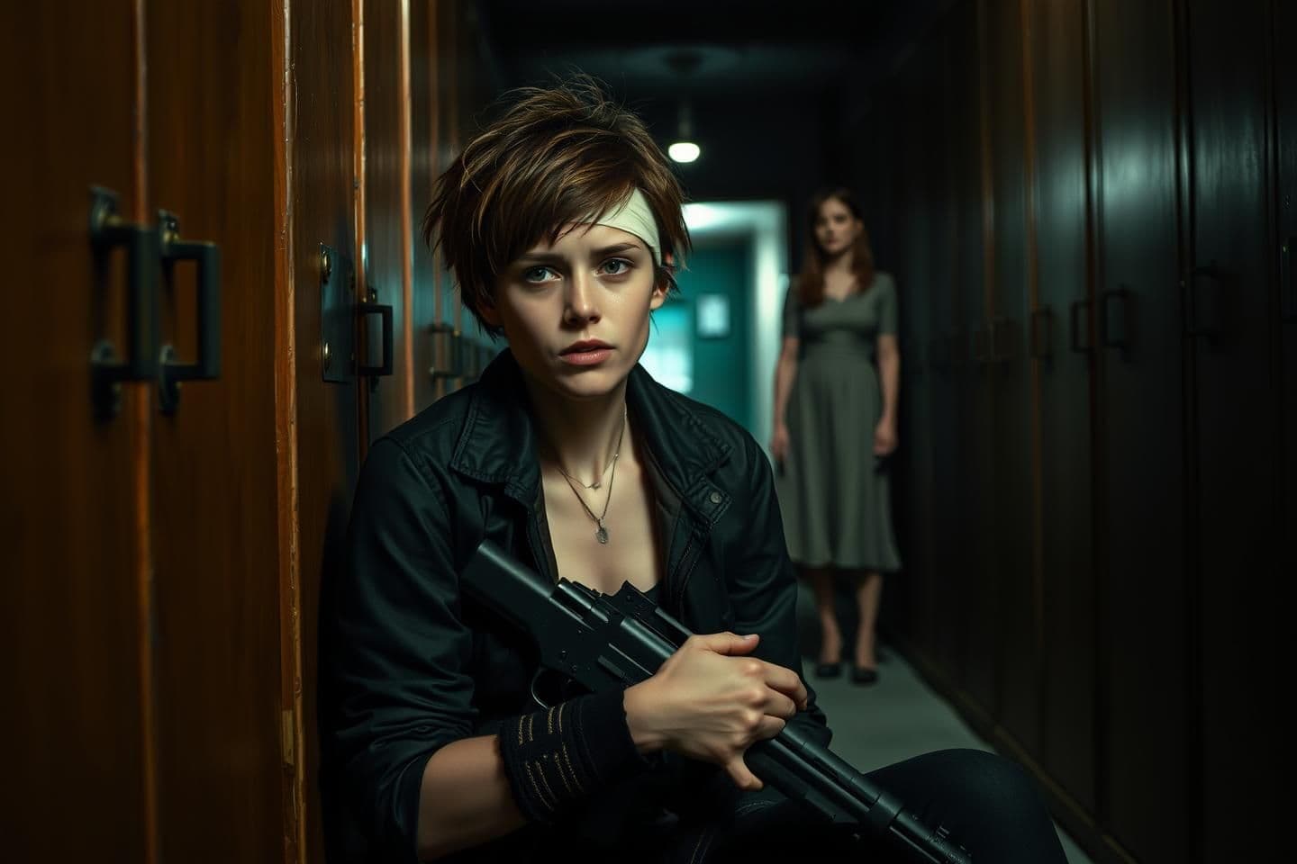AI generated: A tense, cinematic horror scene inside a dimly lit archive room. In the foreground, a wounded young woman with short, messy hair sits against a wooden cabinet, wearing a head banda