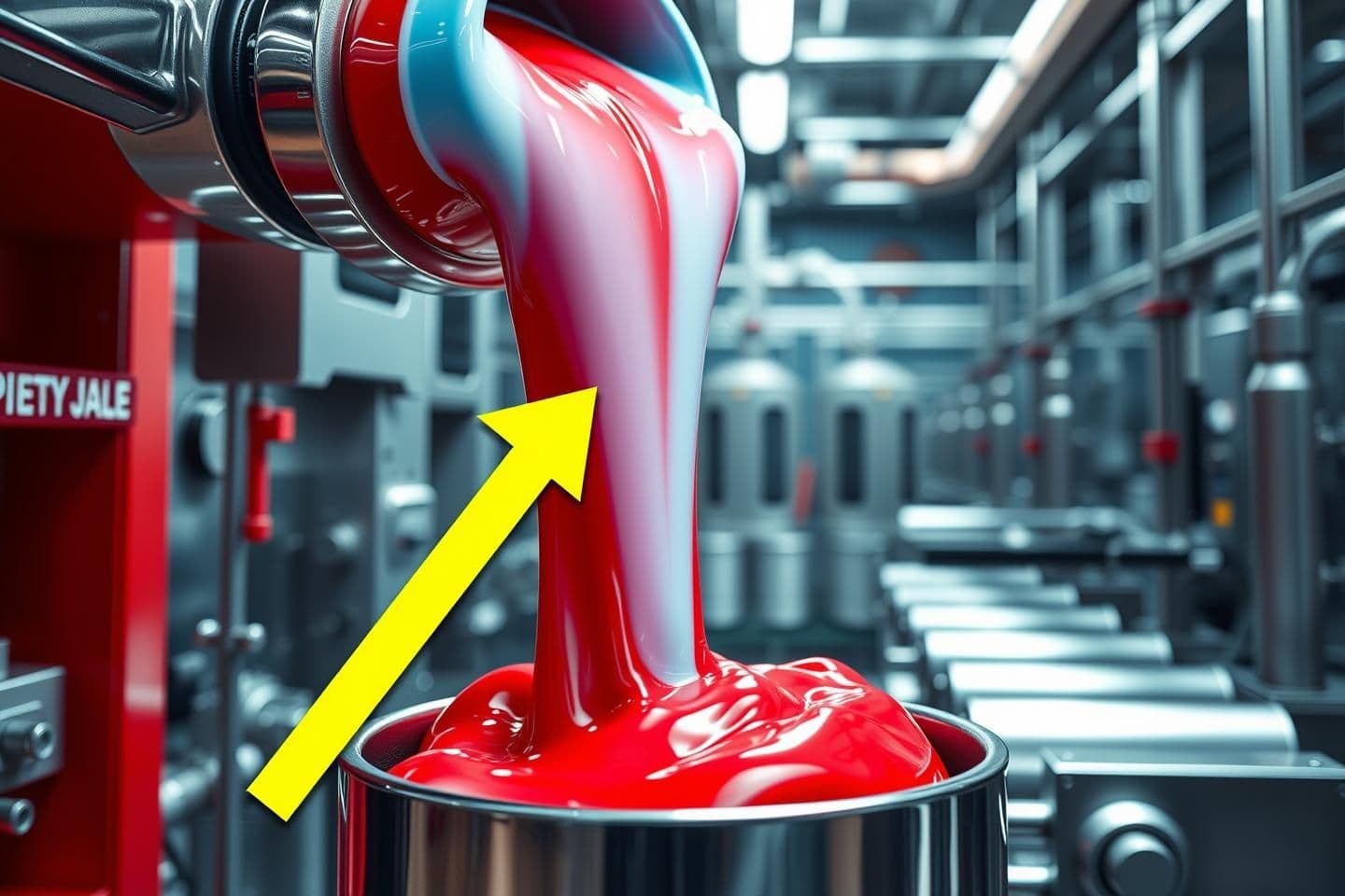 AI generated: Ultra-realistic 16:9 YouTube thumbnail showing a giant industrial machine pouring thick red, blue and white toothpaste into a steel container.
Make the toothpaste glossy, vibrant