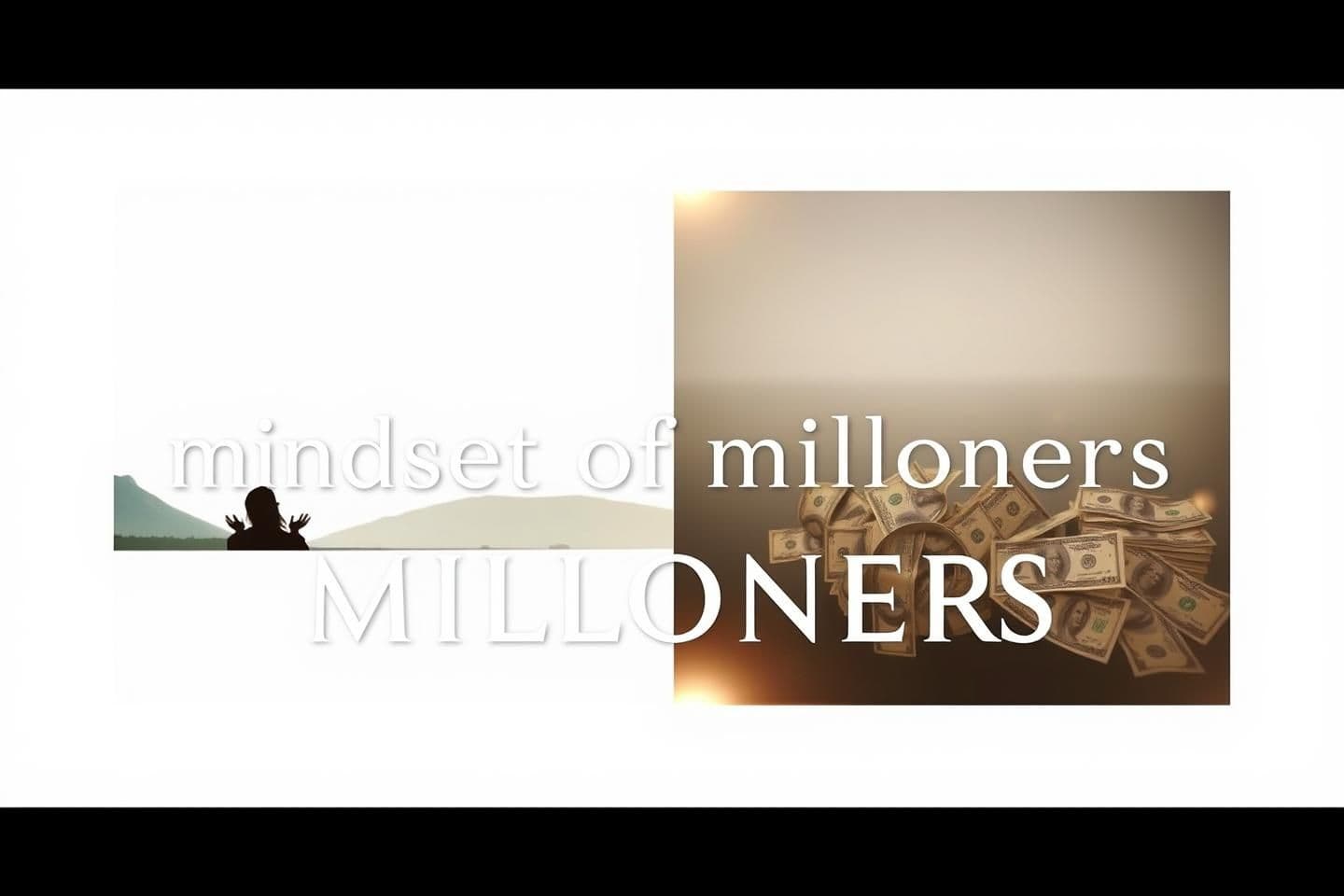 AI generated: Aesthetic YouTube thumbnail for a video about "mindset of milloners
", minimal design, clean white and gold background, elegant typography, one half showing calm lifestyle (medita