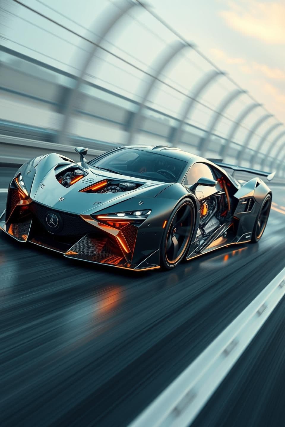 AI generated: Create a hyper-realistic futuristic supercar with extreme mechanical detailing, exposed tech layers, aerodynamic sculpted bodywork, and an aggressive low stance. The design should