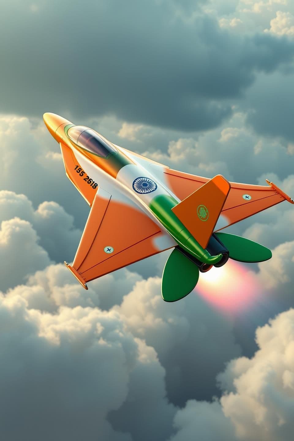 AI generated: 3D cartoon Indian-style animation, Pixar + Indian mythology vibe, high quality, soft cinematic lighting, kid-friendly but powerful look, modern fighter jet painted only in Indian f