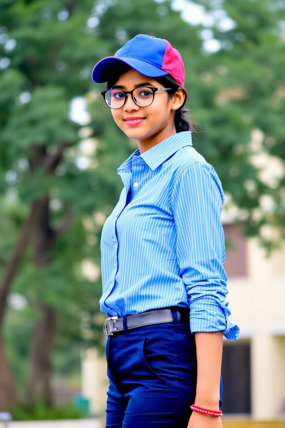 AI generated: A young woman, likely in her early eighteens , of Indian descent, is positioned slightly off-center in the frame, facing the viewer with a subtle smile. She wears a blue and red ba