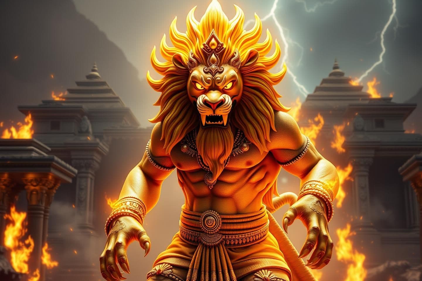 AI generated: 3D ultra-realistic cinematic character of Lord Narasimha, half-man half-lion divine avatar of Vishnu. Muscular warrior body with golden fur, lion face with glowing amber eyes, fier