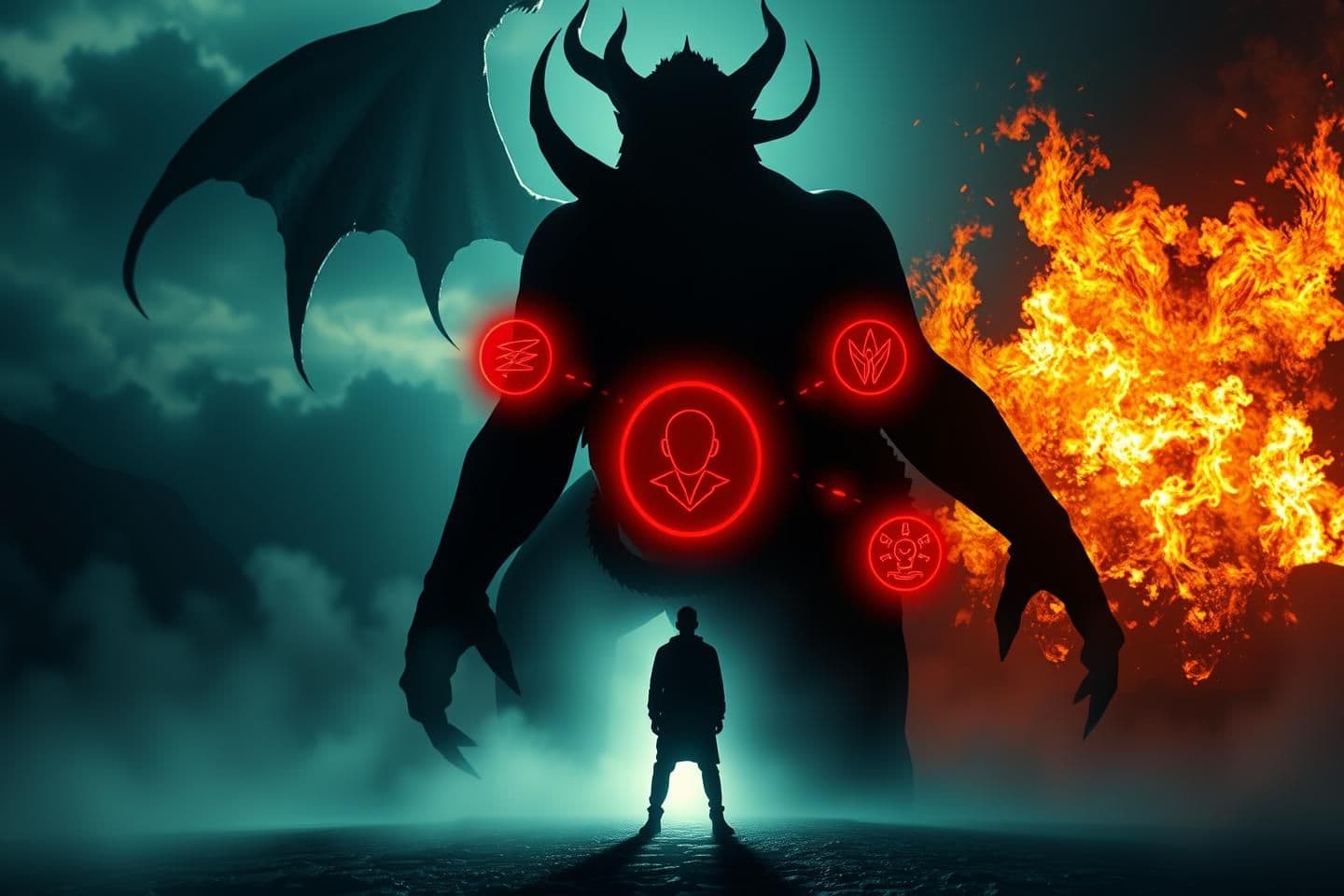 AI generated: The scene shifts from the giant demon to a powerful symbolic reveal: the monstrous Kaliyug demon is shown growing from within a human silhouette. A human figure stands in the foreg