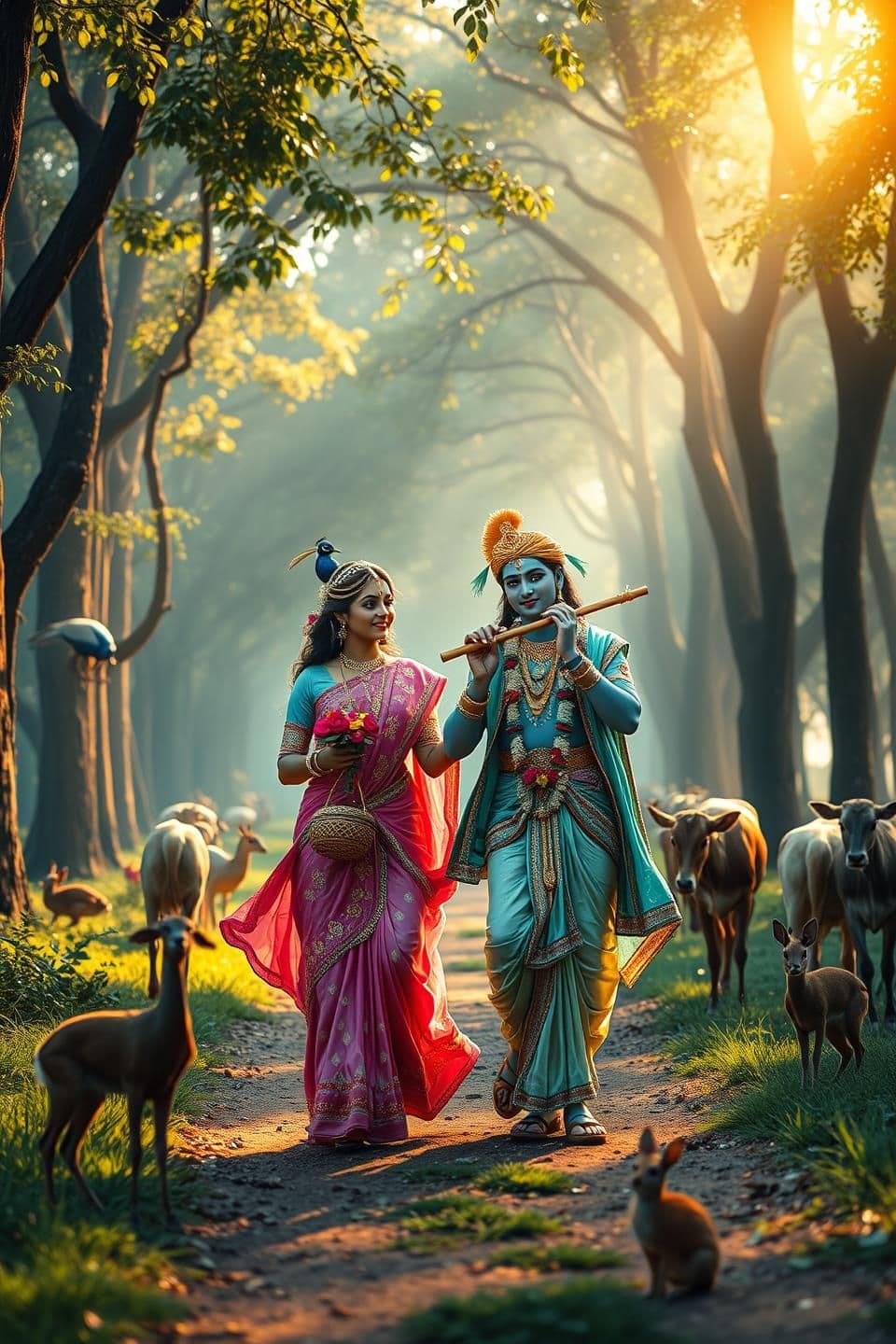 AI generated: Create an image
Radha and Krishna walking together through a lush Vrindavan forest path, soft golden sunlight filtering through tall trees, gentle breeze moving the leaves, peacock