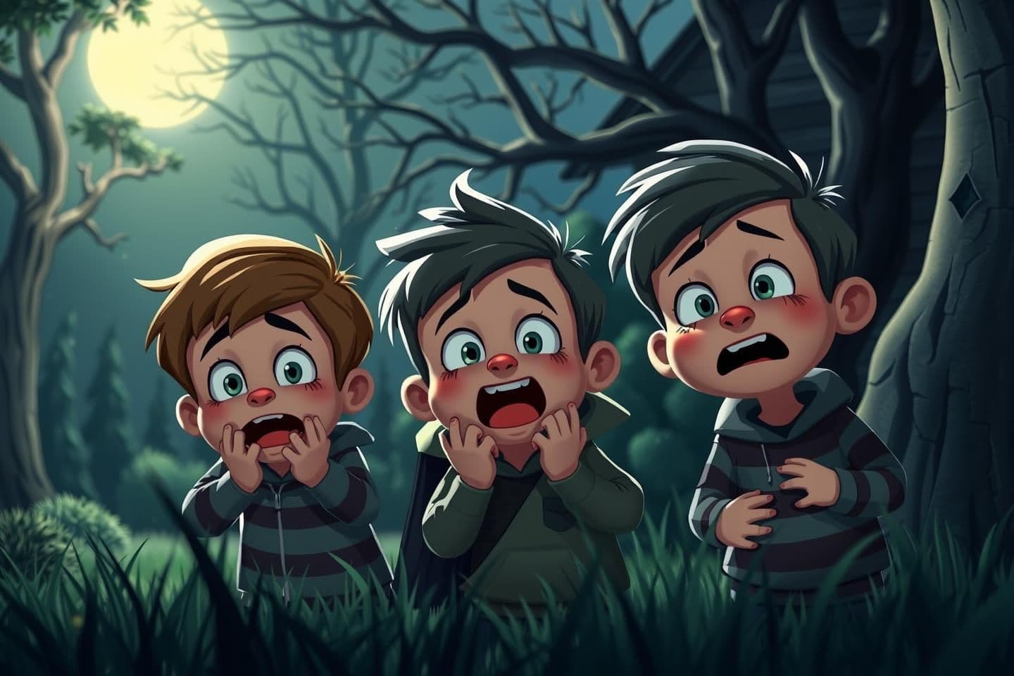 AI generated: Three kids playing hide and seek at night in a funny horror scene, traditional cartoon style with 3D look, each kid with a different unique face and expression, one scared, one lau