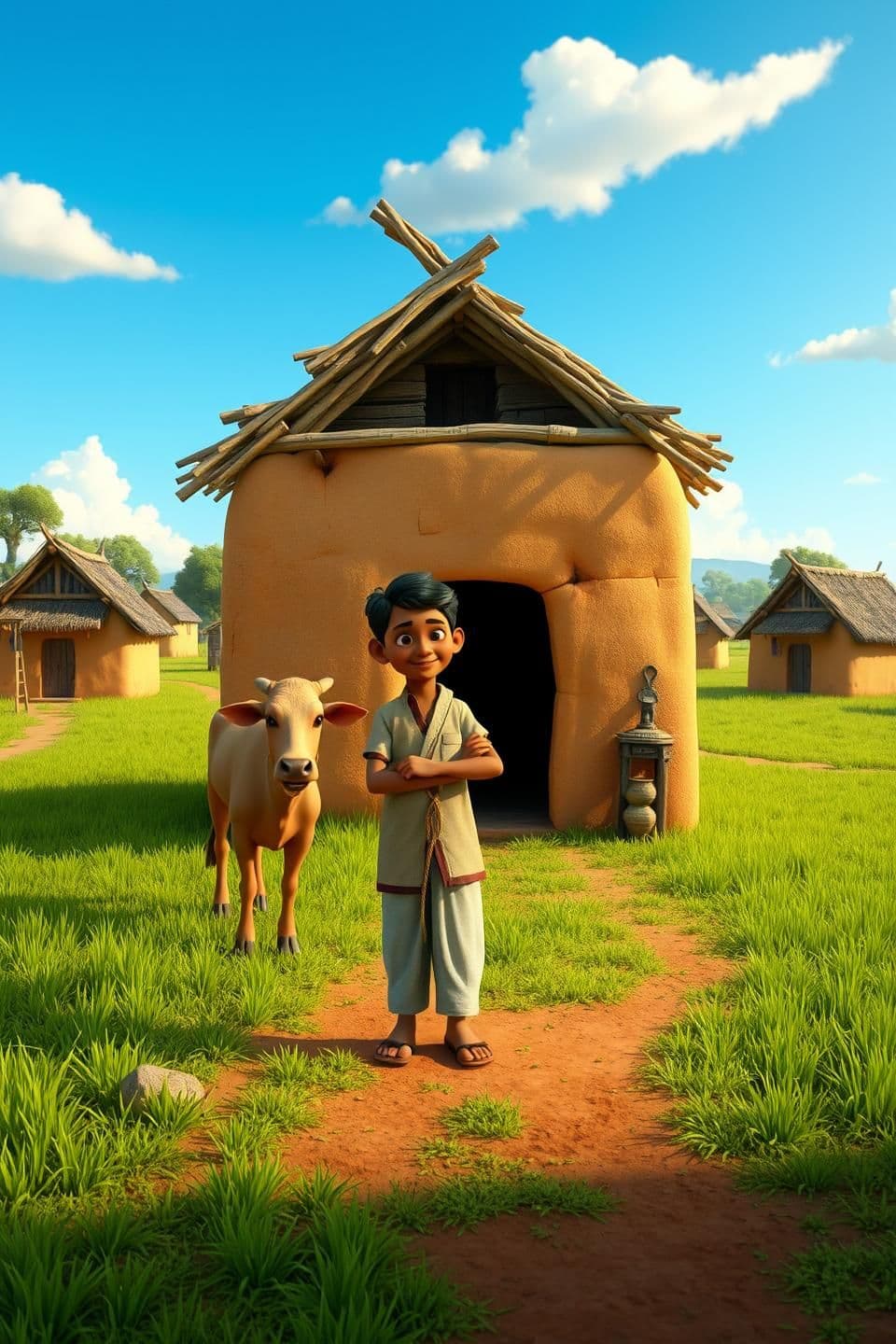 AI generated: Prompt:
A poor Indian farmer standing outside his small clay house in a peaceful village, holding a rope tied to his brown cow. Green fields and small huts around, clear blue sky w