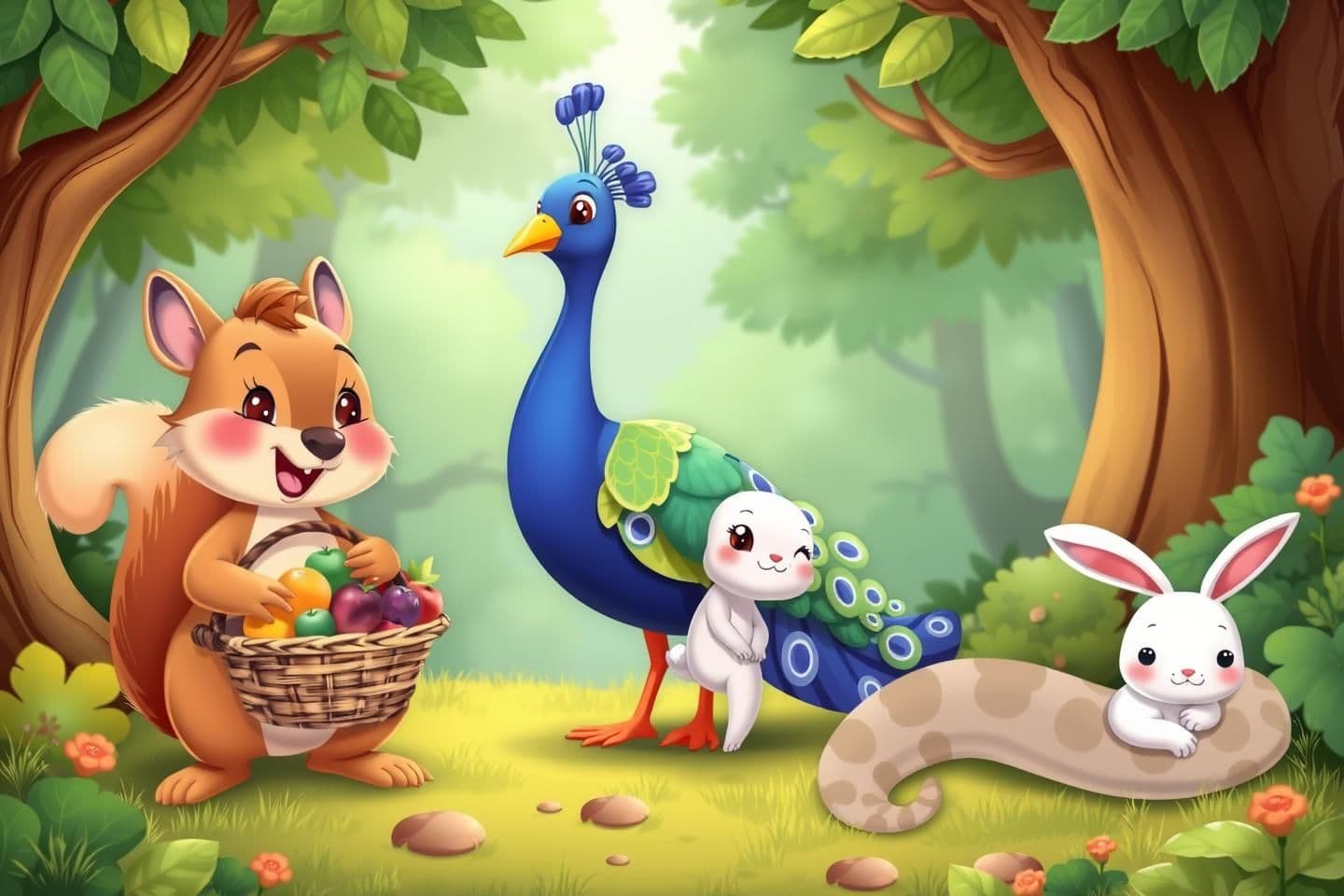 AI generated: A friendly squirrel holding a fruit basket tightly, a colorful peacock standing nearby, a small white rabbit looking hopeful, and a gentle snake resting peacefully. They are all in