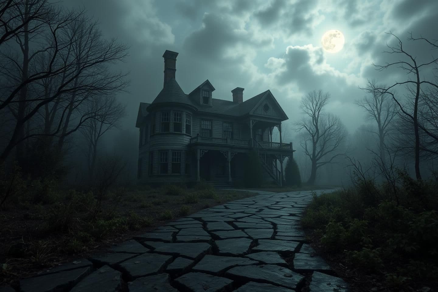 AI generated: "Old abandoned mansion in a remote area, foggy night, broken windows, overgrown weeds and trees surrounding the house, cracked pathway leading to the main entrance, moonlight peeki