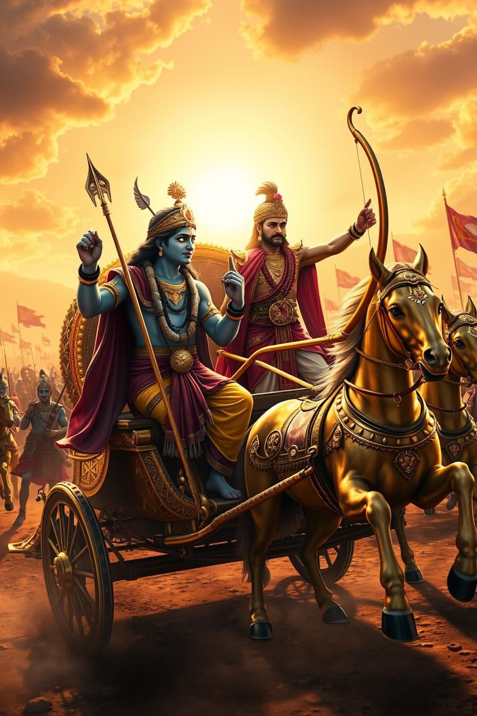 AI generated: Lord Krishna giving advice to warrior Arjuna on the battlefield of Kurukshetra, golden chariot with divine horses, Arjuna holding bow and arrows, Krishna as charioteer pointing tow