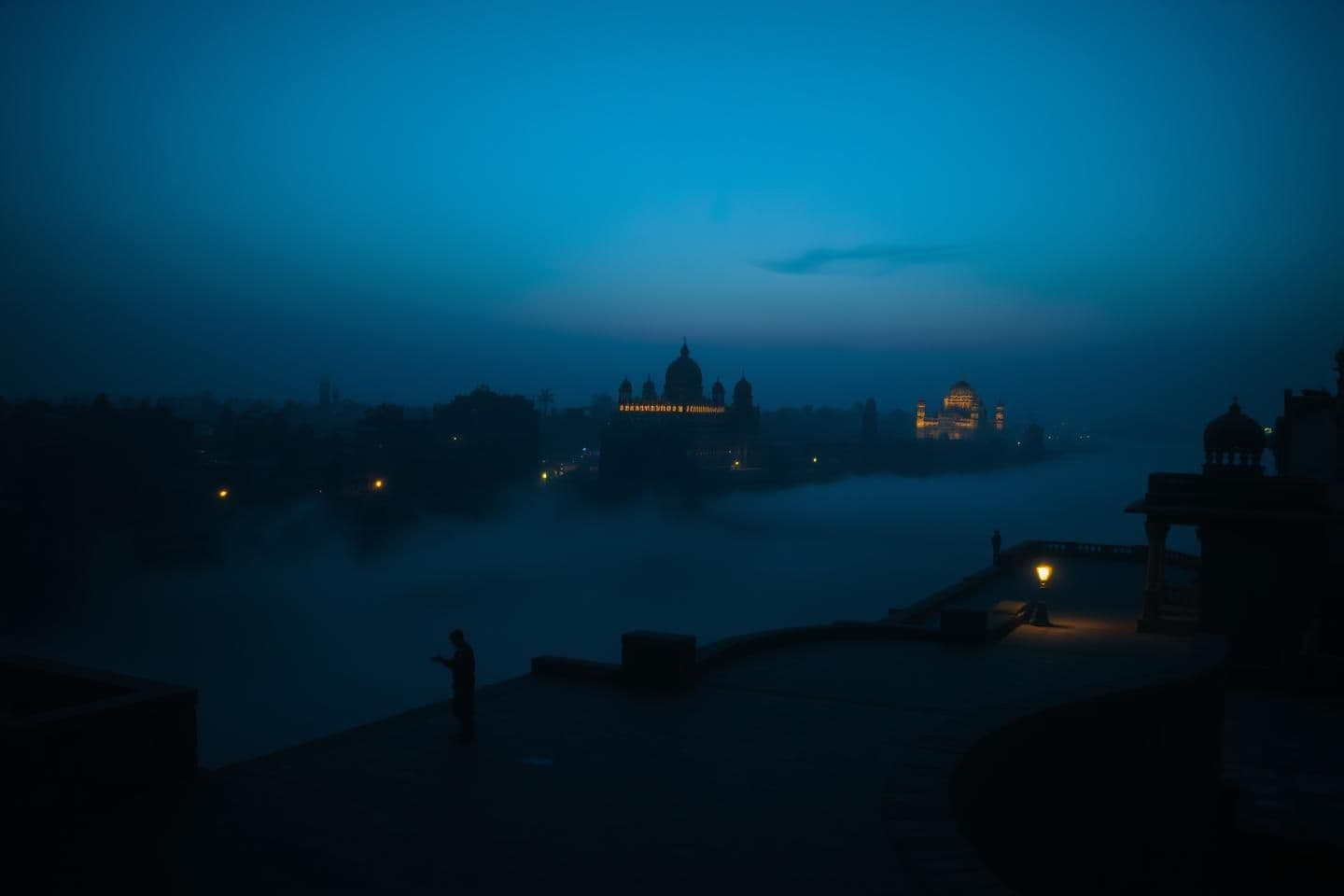 AI generated: “Cinematic 16:9 shot of ancient Indian city Ujjain at blue hour before sunrise. Dark silhouettes of temples and palace domes along a riverbank, a few small oil lamps glowing near t