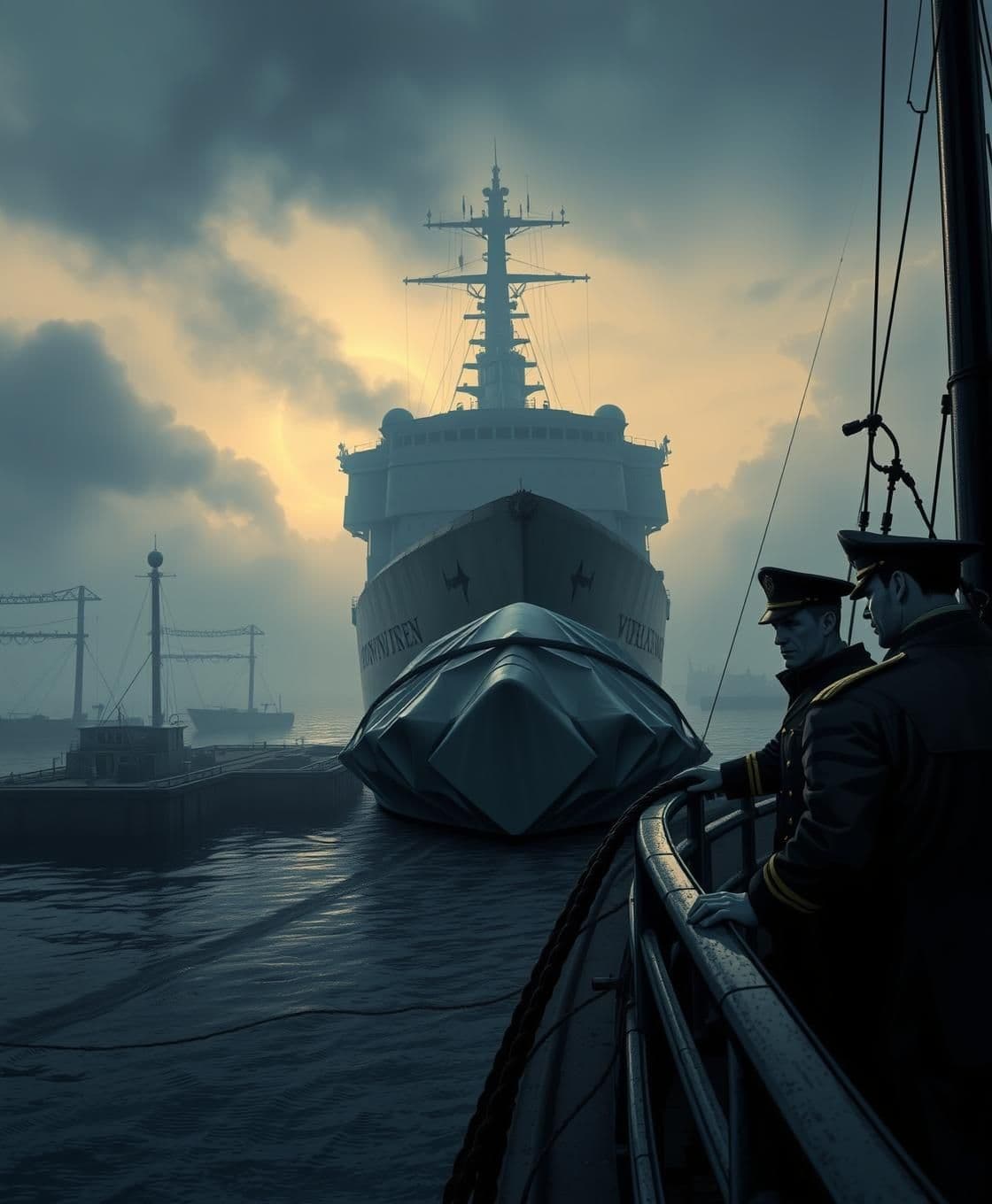 AI generated: “A large WWII-era ship named Ironwind leaving a foggy harbor at dawn. The docks are partly damaged, with smoke rising from a nearby bombed city. On the deck, a mysterious covered o
