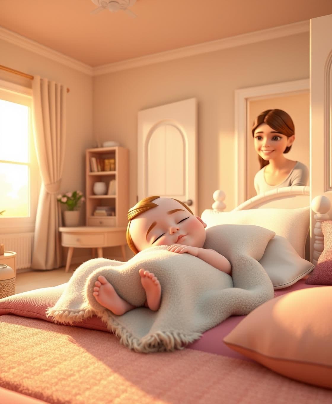 AI generated: There is a super cute 3D cartoon baby sleeping peacefully in his cozy and loving bedroom. The room is very soft, warm, and decorated with pastel colors, with a fluffy blanket and c