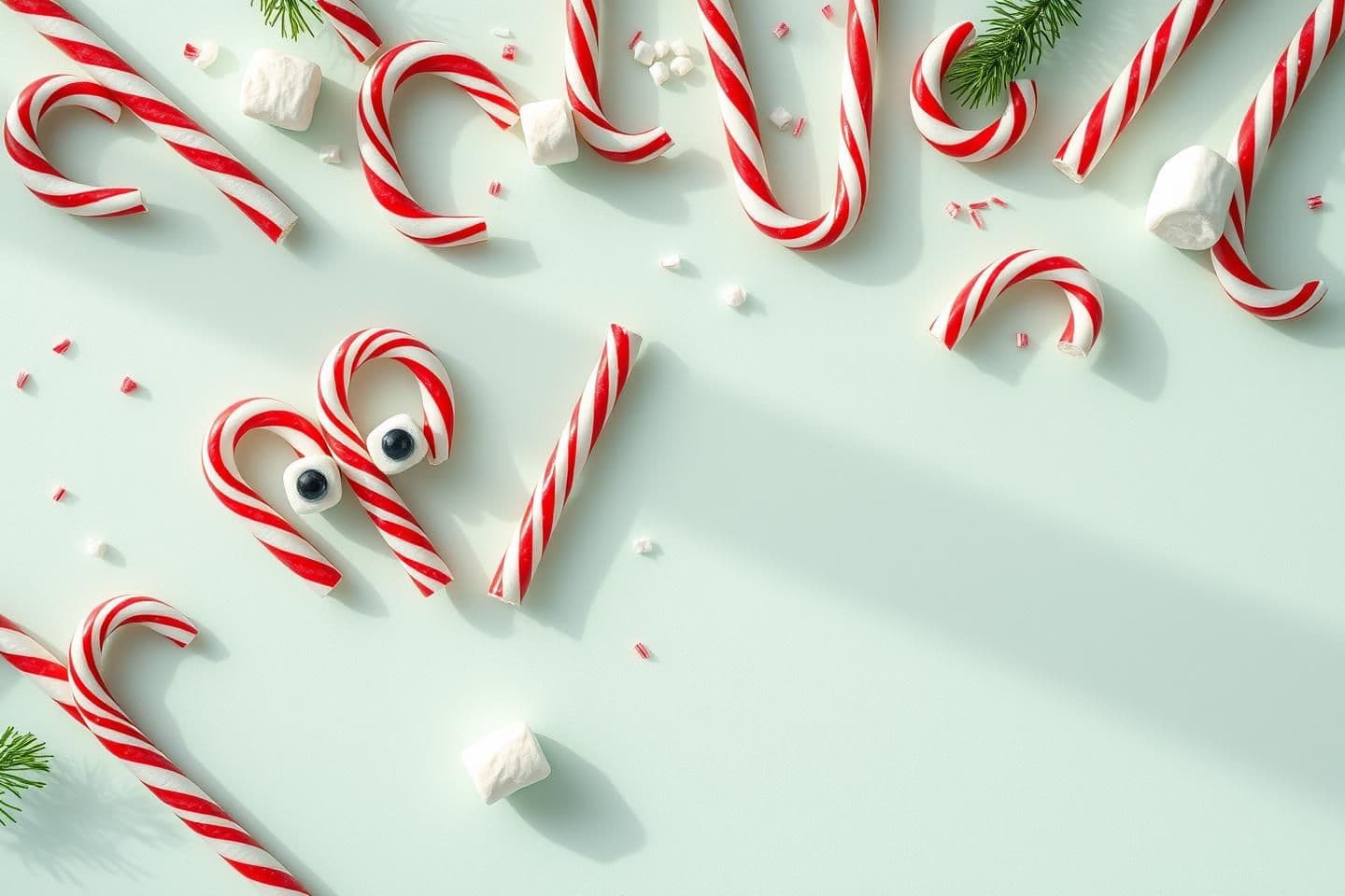 AI generated: Photorealistic playful Christmas flat-lay background on pastel mint surface: candy canes arranged like smiley faces, tiny marshmallows “eyes”, sprinkled confetti like snow, soft st