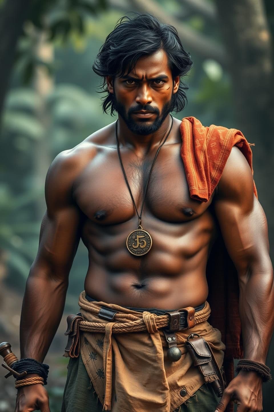 AI generated: > A powerful South Indian male hero, mid-20s, muscular athletic build with broad shoulders and strong arms, deep sun-bronze skin tone, raw outdoor tan, rough hands of a forest prot