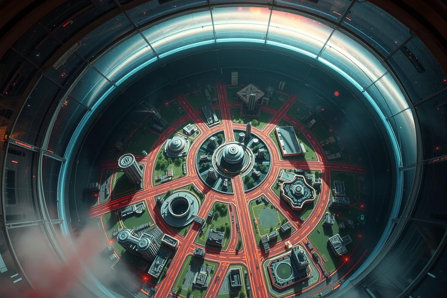 AI generated: High-altitude drone shot inside a Martian biodome city. Multiple urban zones visible: residential towers, green bio-parks, energy hubs, and transport corridors arranged in circular