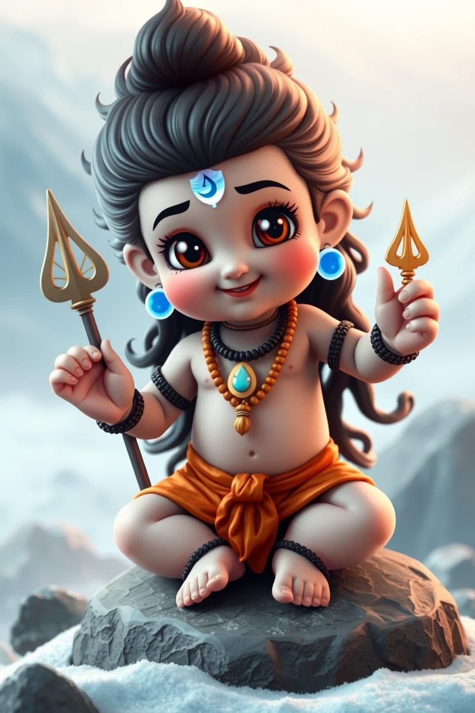 AI generated: See new posts
Create an ultra-cute child version of Lord Shiva (Bal Shiva). A small divine boy dancing with big expressive eyes, soft innocent smile, tiny trishul, small blue aura