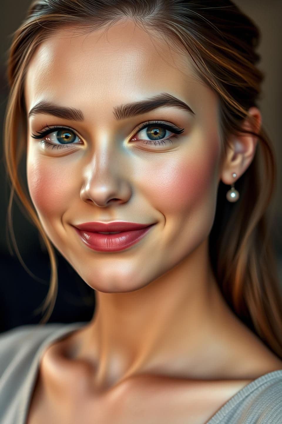 AI generated: A beautiful 25-year-old woman with a natural, elegant appearance. She has expressive eyes, soft facial features, and a confident, warm smile. Her skin looks healthy and radiant, wi