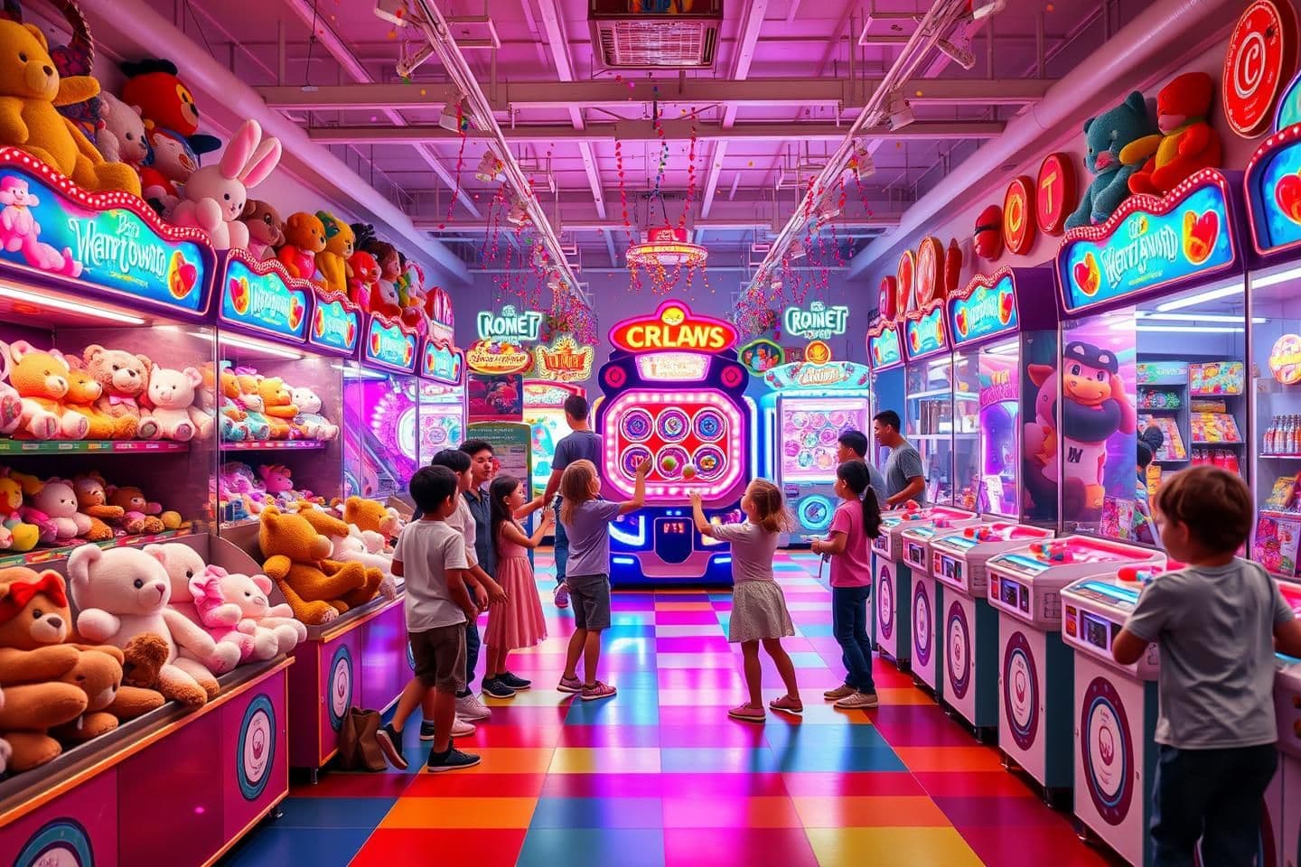 AI generated: A vibrant, colorful indoor arcade filled with bright neon lights, glowing signs, and festive confetti. Children and families are happily playing various arcade and carnival-style g