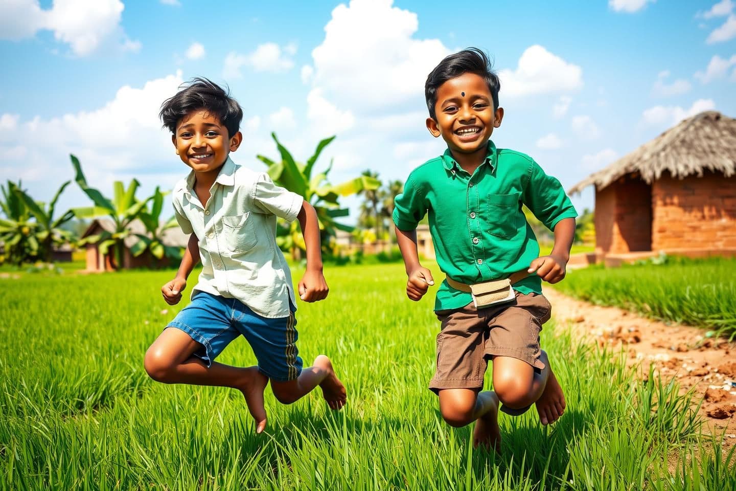 AI generated: Two 10-year-old Indian boys, Ravi and Mohan, best friends, playing together in a bright Indian countryside village called Colorville. Ravi has light brown skin, messy black hair, w