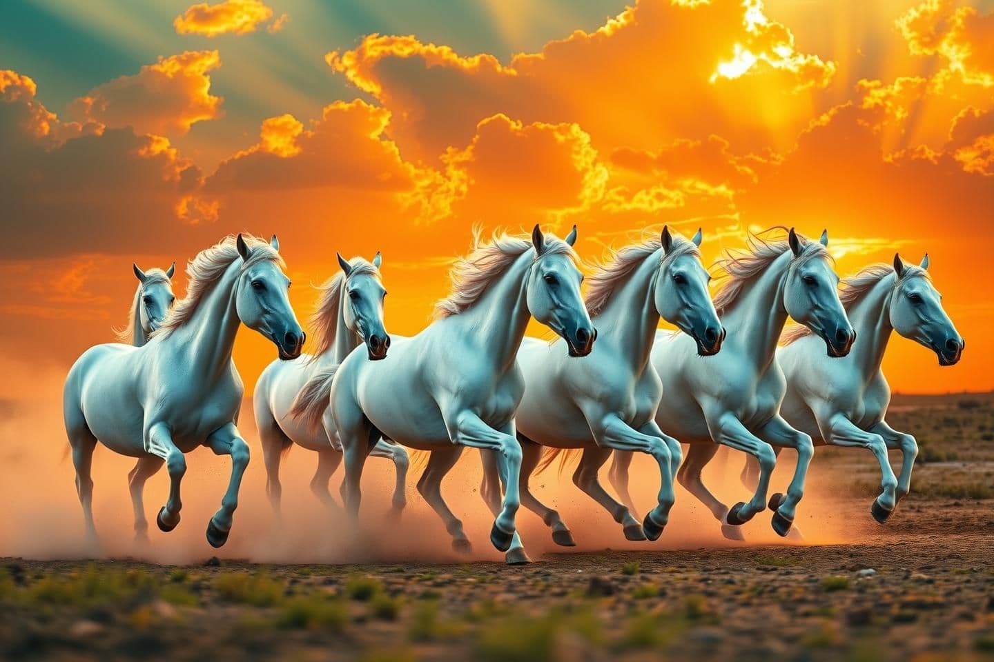 AI generated: Seven white horses running together in formation, bright golden-orange sunset sky, dramatic clouds with yellow light rays, vibrant warm colors, dust rising from the ground as they