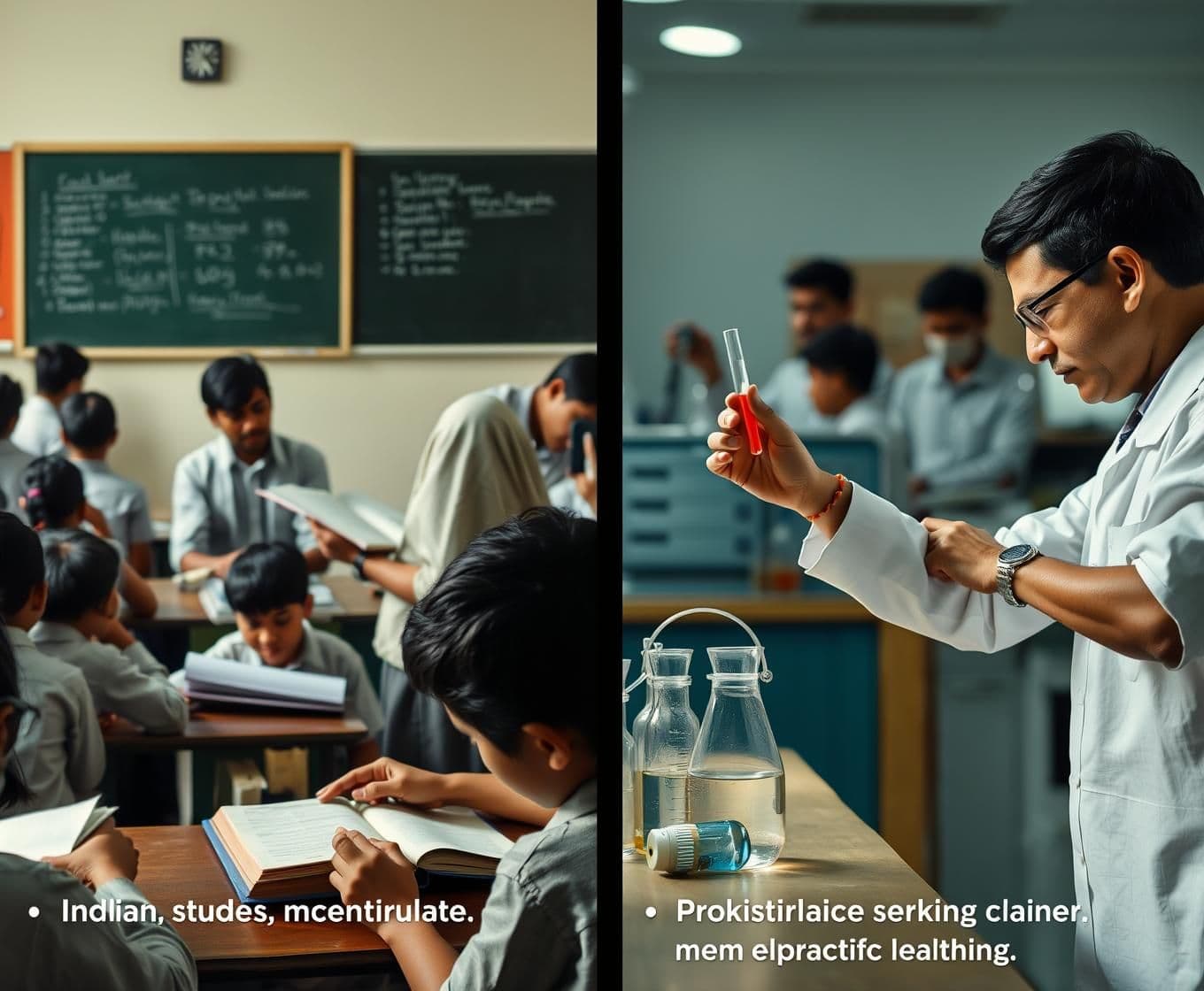AI generated: Prompt 1 — Indian teacher explaining from textbook
Indian government school classroom, teacher standing near chalkboard, students memorizing from textbooks, rote learning environm
