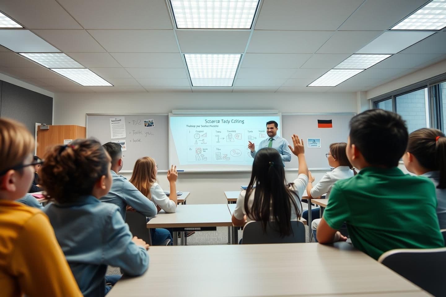 AI generated:
Bright, well-lit classroom with small batches of students. A friendly teacher explaining a concept on the board using visuals. Students interacting, raising hands, smiling. Clean