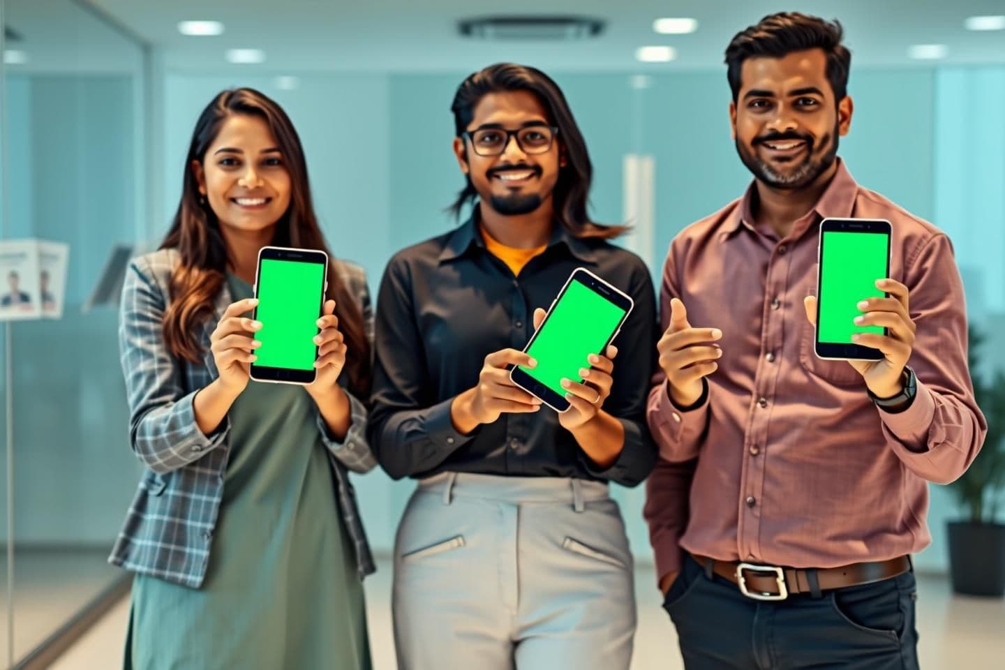 AI generated: "A clean professional promotional photo showing exactly three Indian office employees (one female, two male) standing together. Each person is holding a smartphone naturally in the
